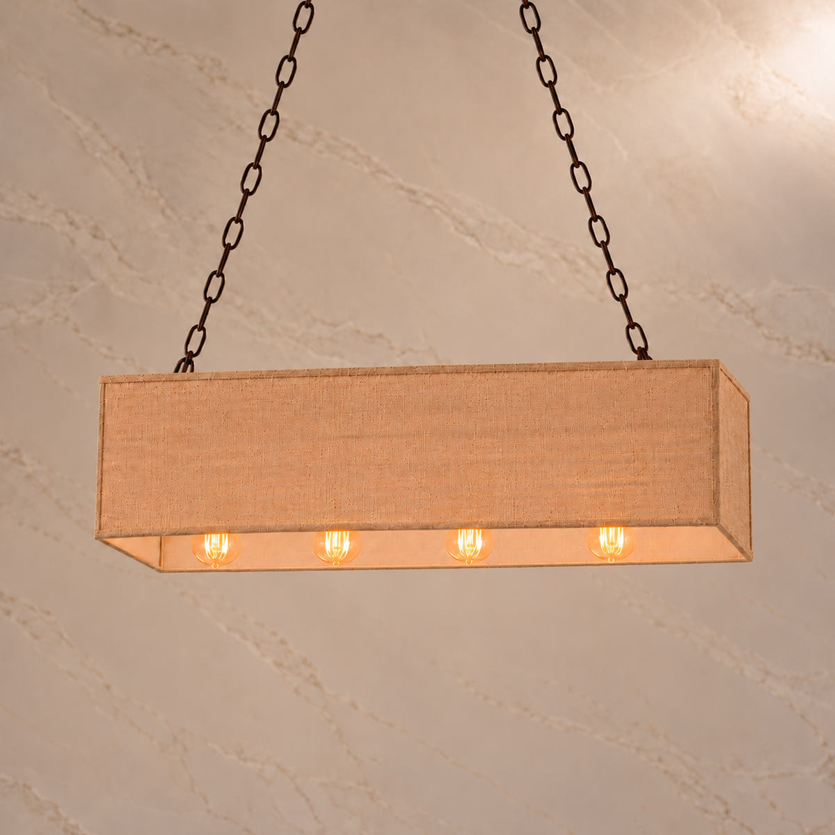 Stark fabric chain linear chandelier in bronze and natural burlap, light on | CARRA HOME