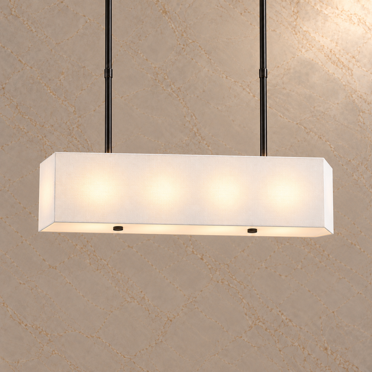 Stark Fabric Rectangular Chandelier in Black, light on | CARRA HOME