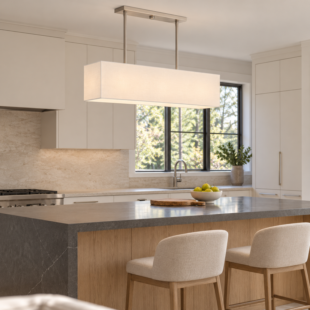 Stark brushed nickel chandelier above a charcoal stone kitchen island | CARRA HOME