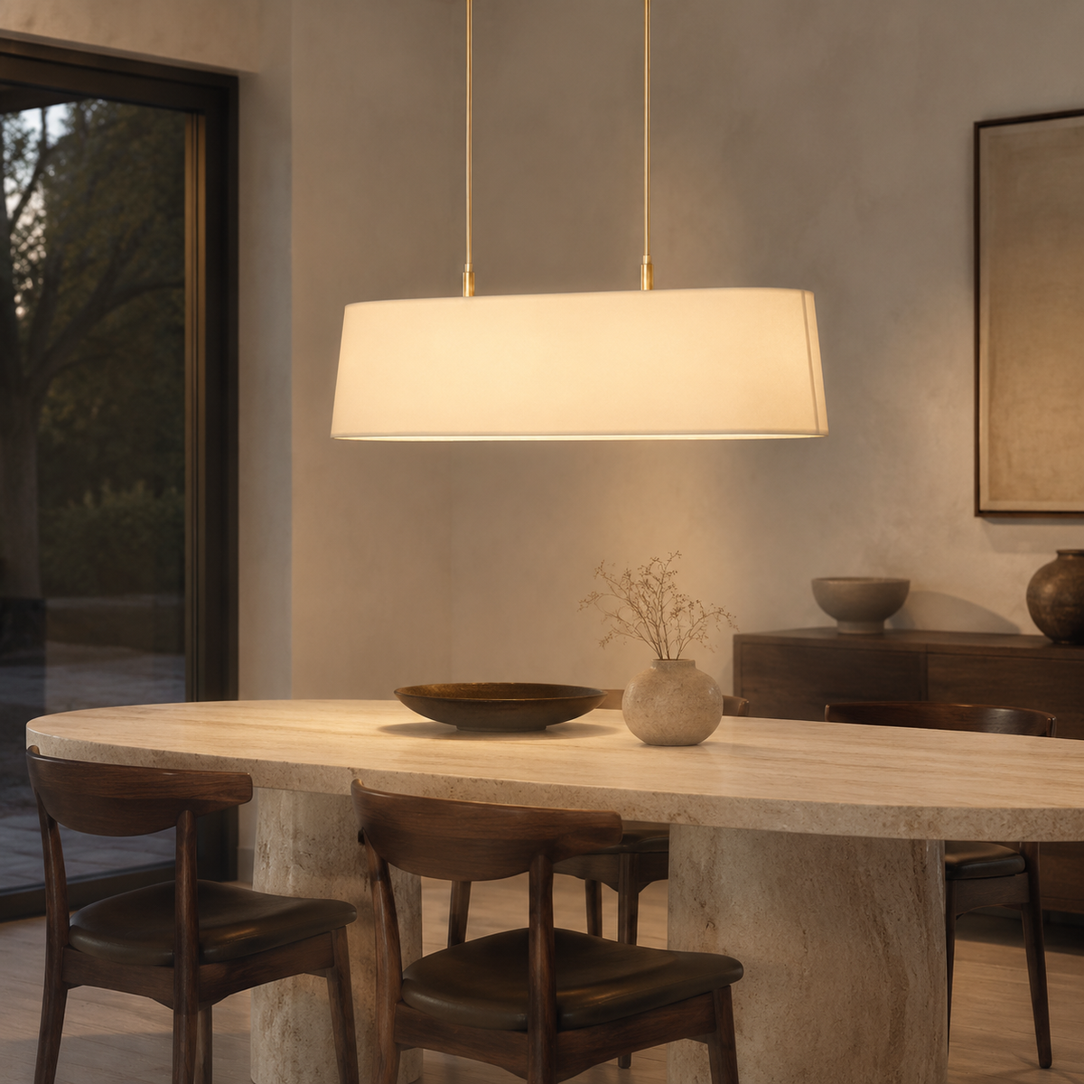 Stark Metal Linear Chandelier in gold above a stone dining table