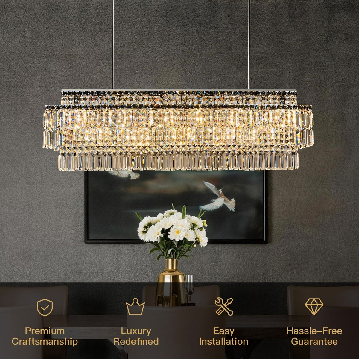 Stellar Grand Linear Silver Multi-Faceted K9 Crystal Chandelier key features: Premium Craftsmanship, Luxury Redefined, Easy Installation, Hassle-Free Guarantee | Carra Home