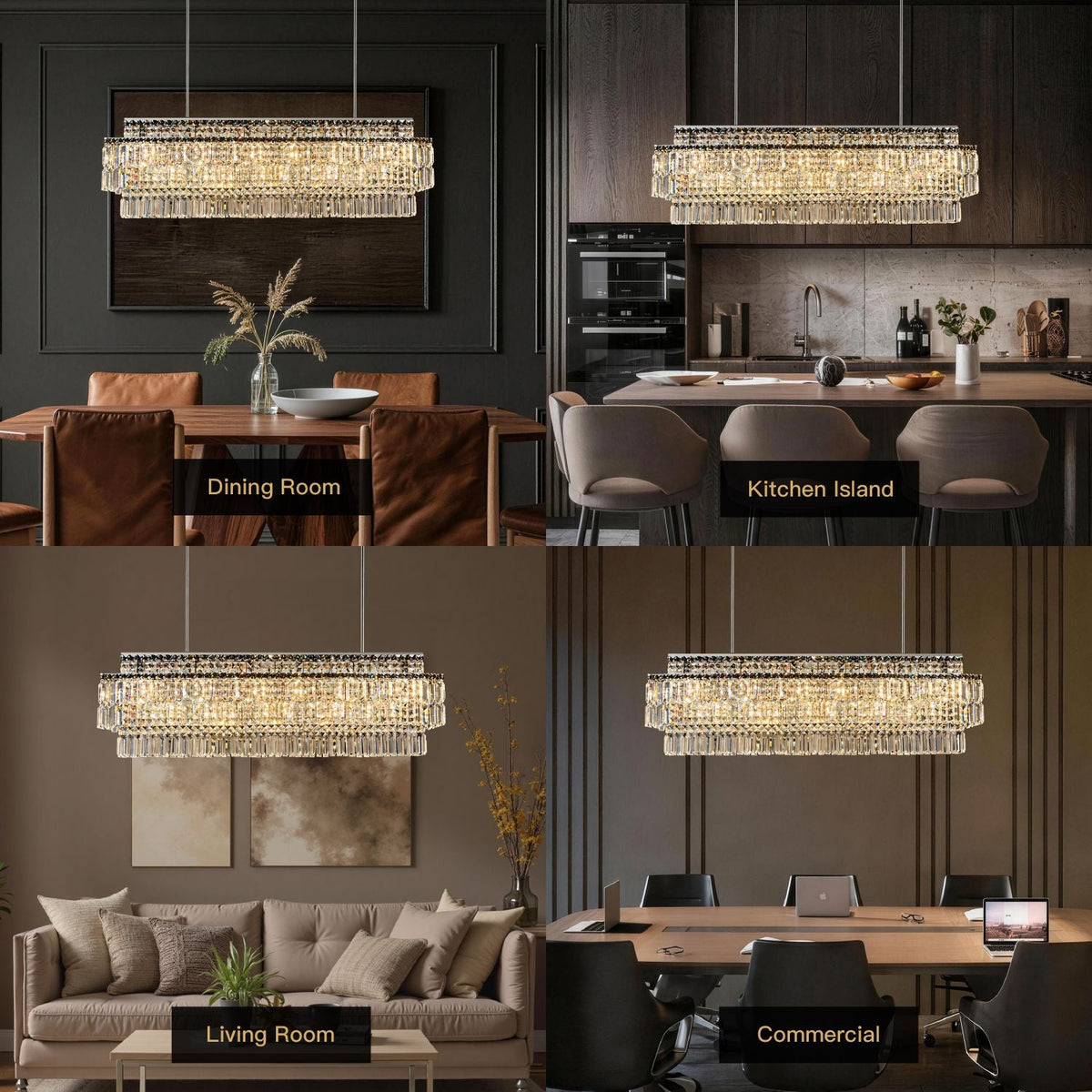 Stellar Grand Linear Silver Multi-Faceted K9 Crystal Chandelier in 4 home scenes: Dining Room (marble table), Kitchen Island (dark cabinets), Living Room (sofa), and a commercial/bedroom setup | Carra Home