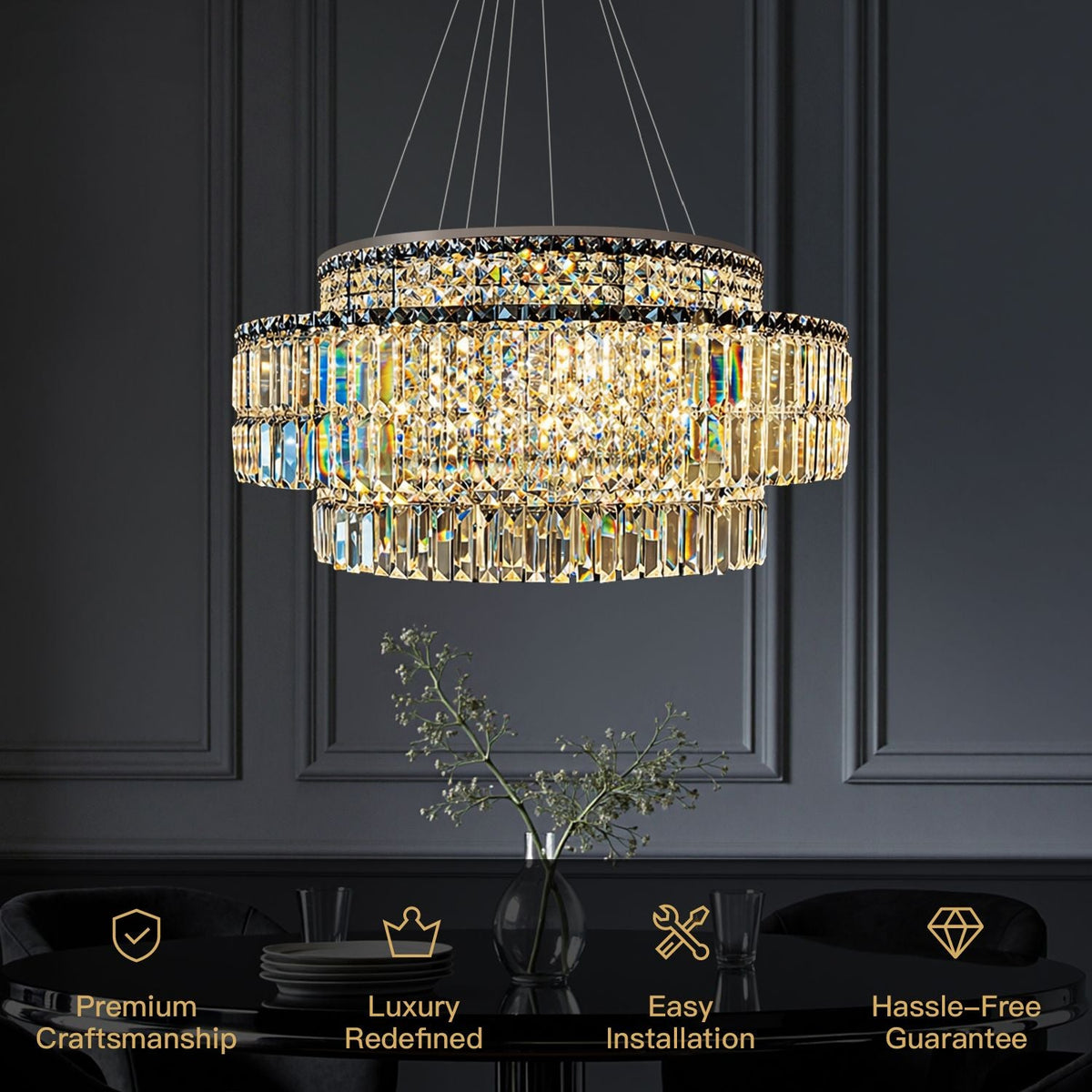Stellar Modern Silver Multi-Faceted K9 Crystal Round Chandelier key features: Premium Craftsmanship, Luxury Redefined, Easy Installation, Hassle-Free Guarantee | Carra Home
