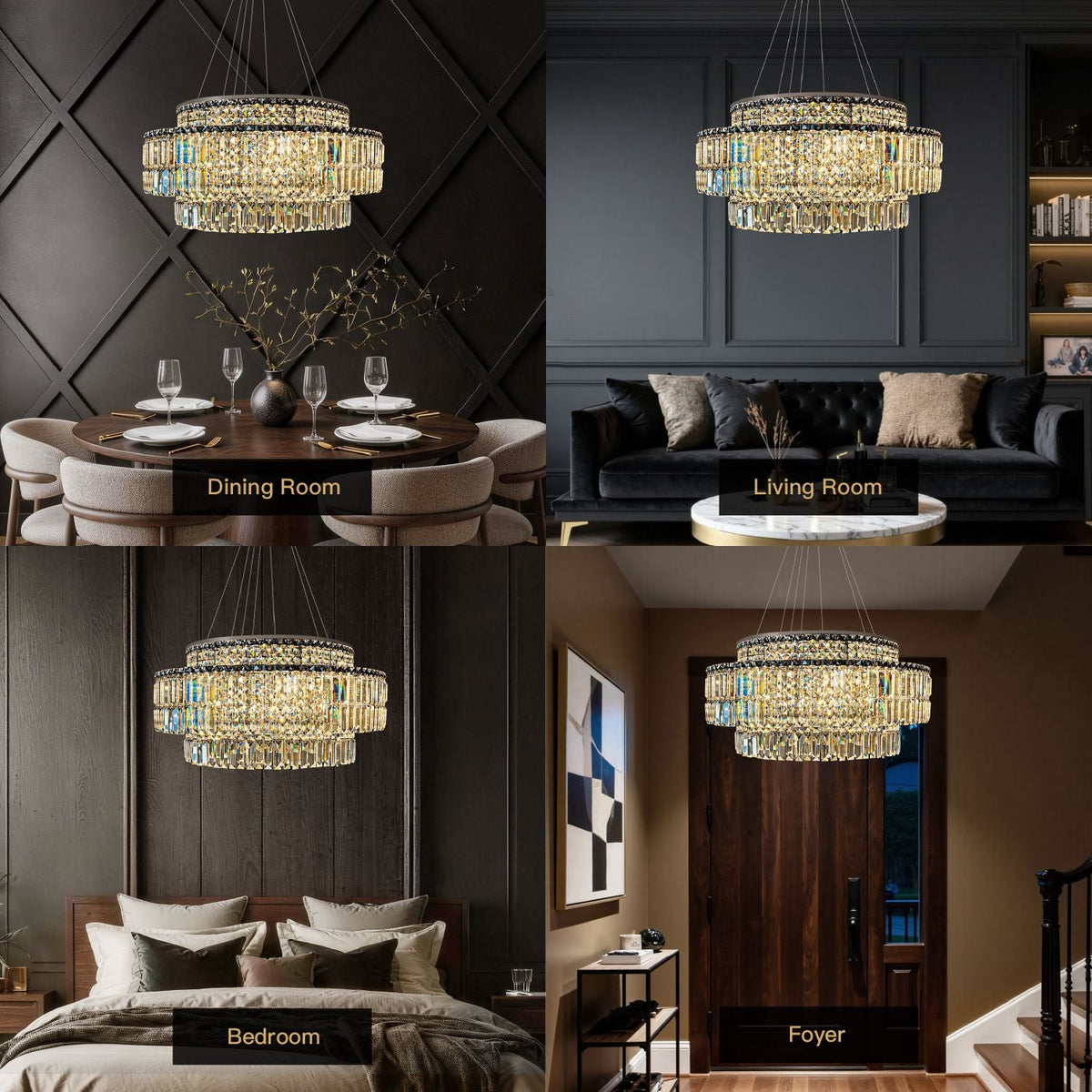 Stellar Modern Silver Multi-Faceted K9 Crystal Round Chandelier in 4 home scenes: Dining Room (marble table), Living Room (tufted sofa), Foyer (console table), Bedroom (bed with pillows) | Carra Home