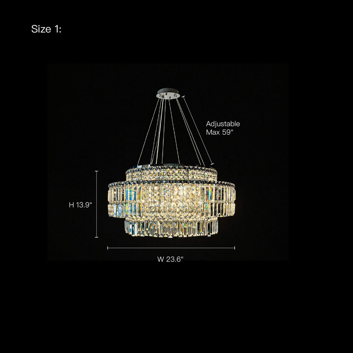 Stellar Modern Silver Multi-Faceted K9 Crystal Round Chandelier — Size 1 dimensions: Height 13.9", Width 23.6", Adjustable up to 39.4" (black background with precise measurements) | Carra Home