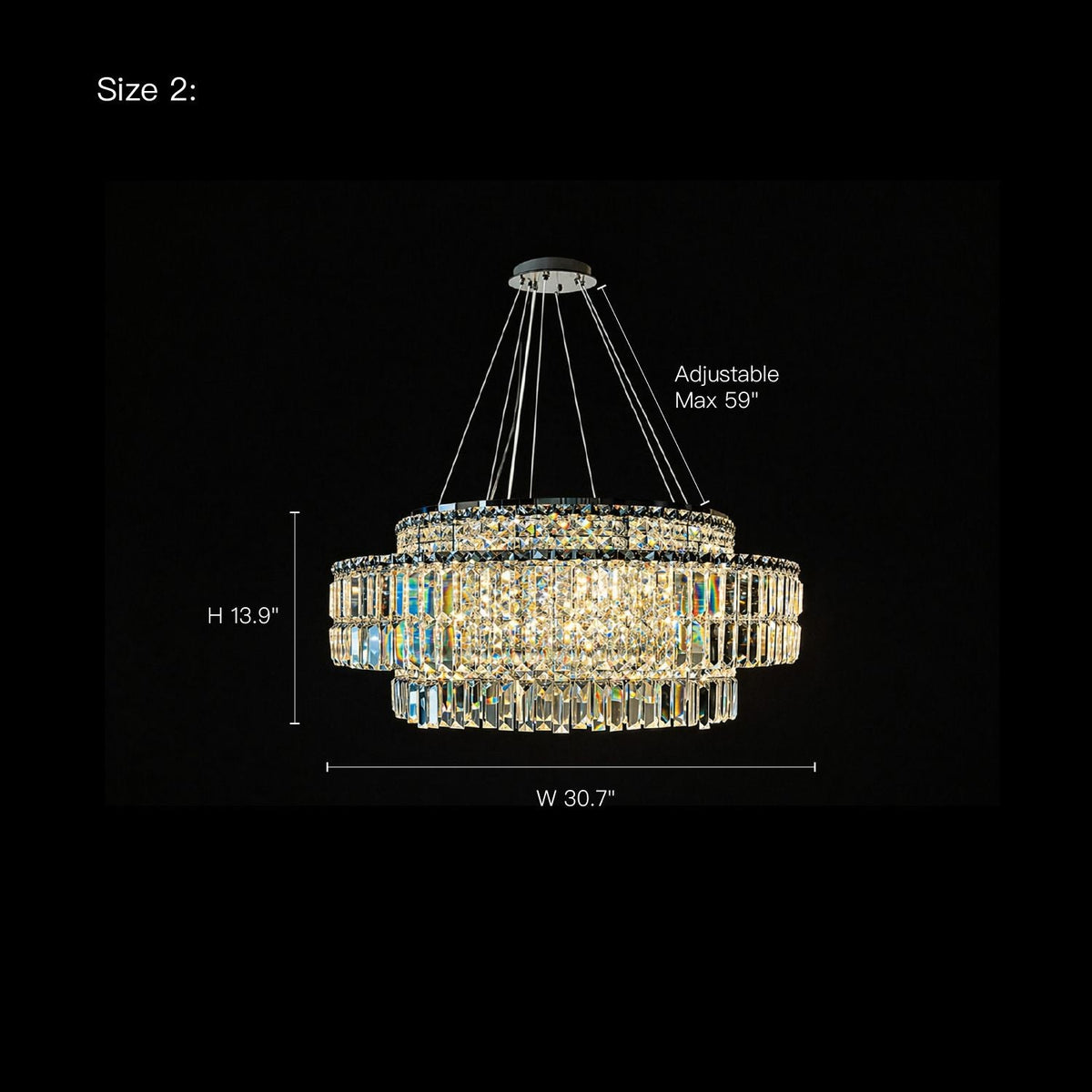 Stellar Modern Silver Multi-Faceted K9 Crystal Round Chandelier — Size 2 dimensions: Height 13.9", Width 30.7", Adjustable up to 39.4" (black background with detailed measurements) | Carra Home
