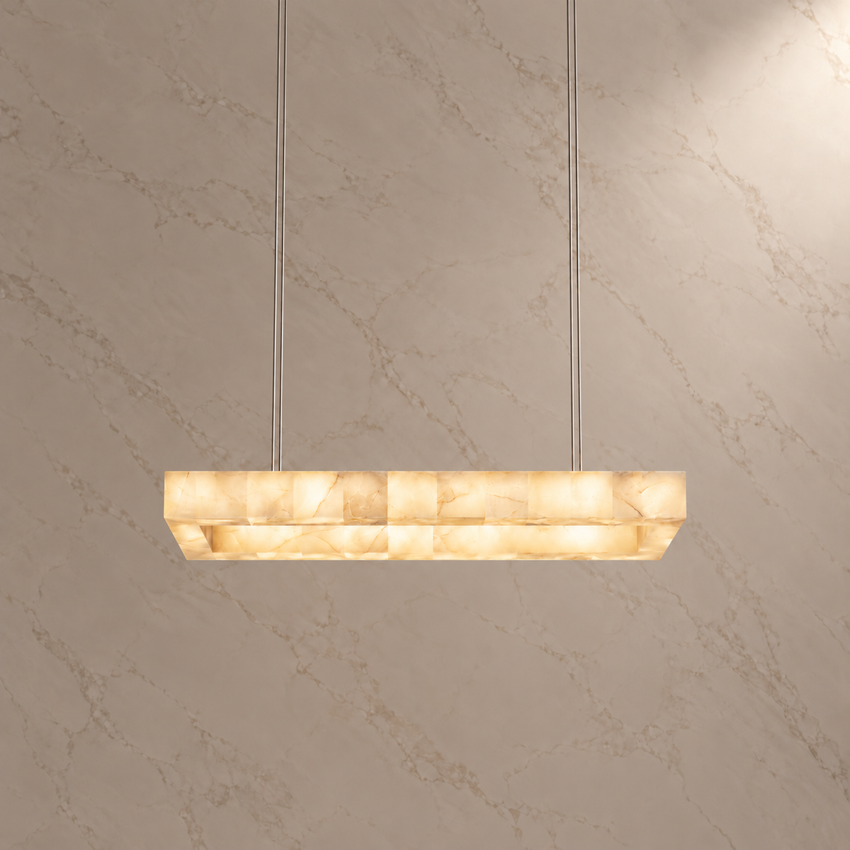 Teva Alabaster Rectangular Chandelier chrome 200cm light on | CARRA HOME