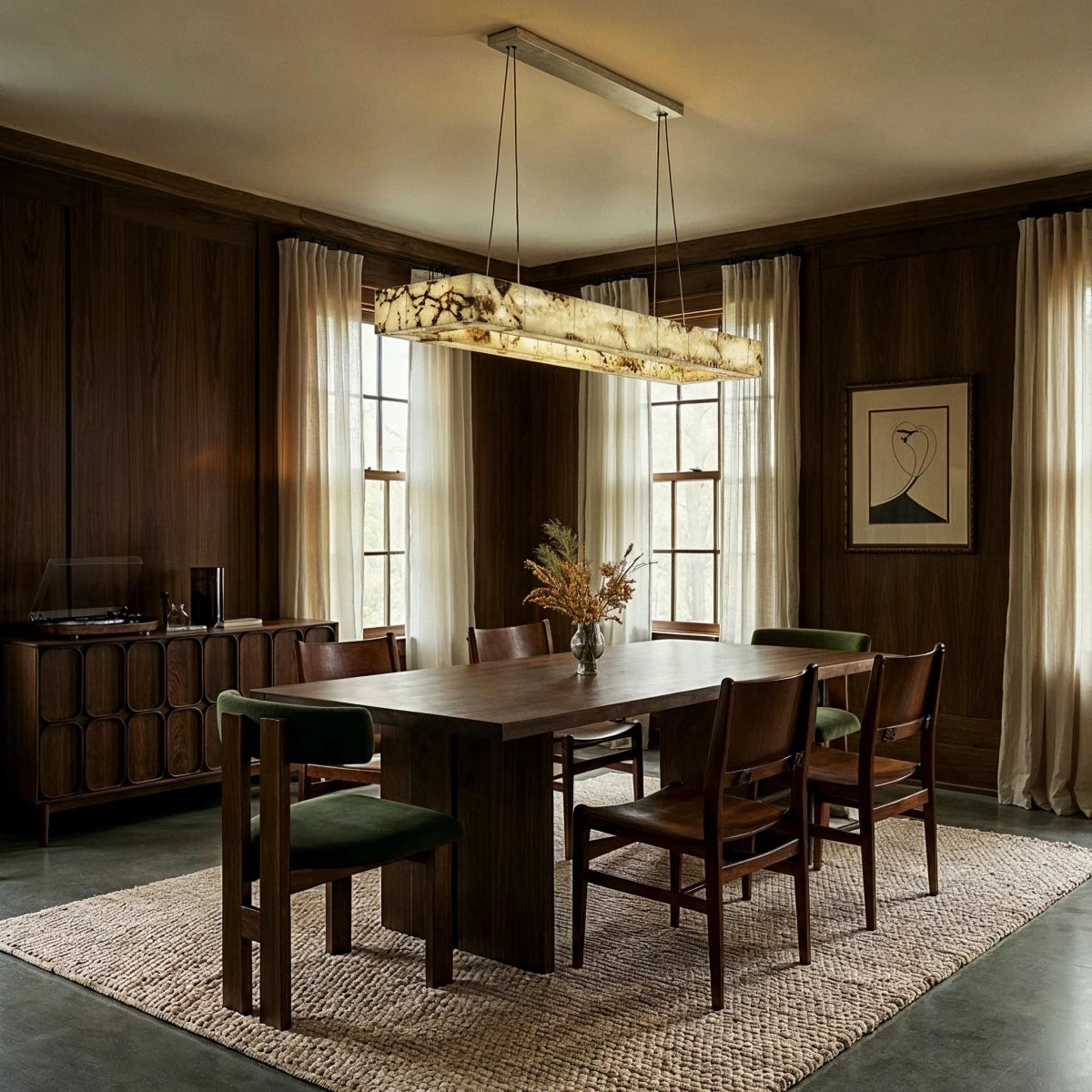 Teva Alabaster Rectangular Chandelier dining room window view | CARRA HOME