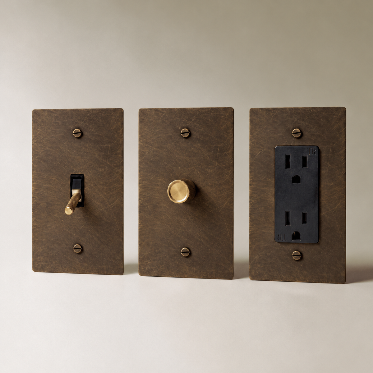 Brass Electrical Sample Kit — Vintage Brass with Patina 3-Piece dimmer toggle and outlet sample kit — seamless faceplate | CARRA HOME