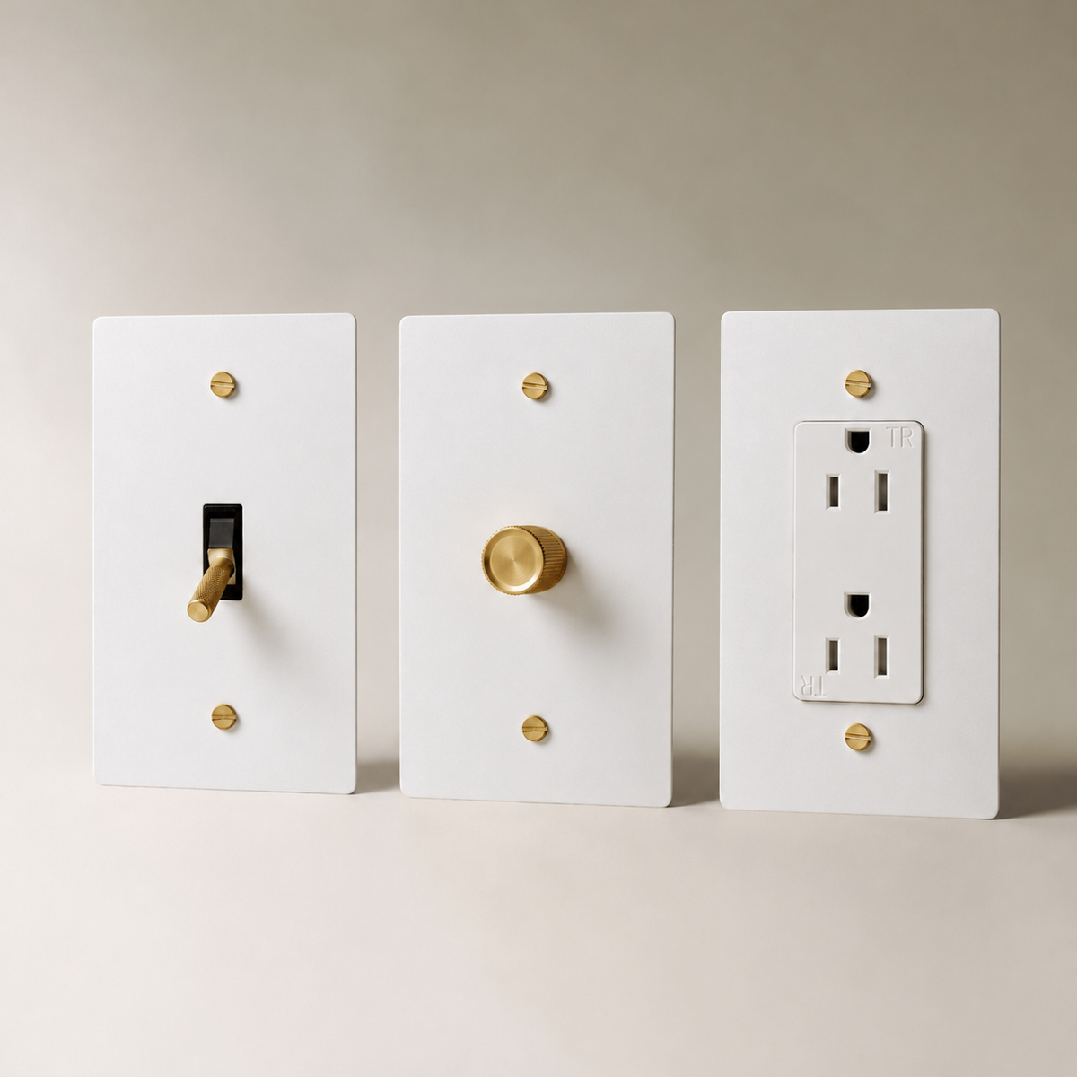 Brass Electrical Sample Kit — White with Brass 3-Piece dimmer toggle and outlet sample kit — seamless faceplate | CARRA HOME