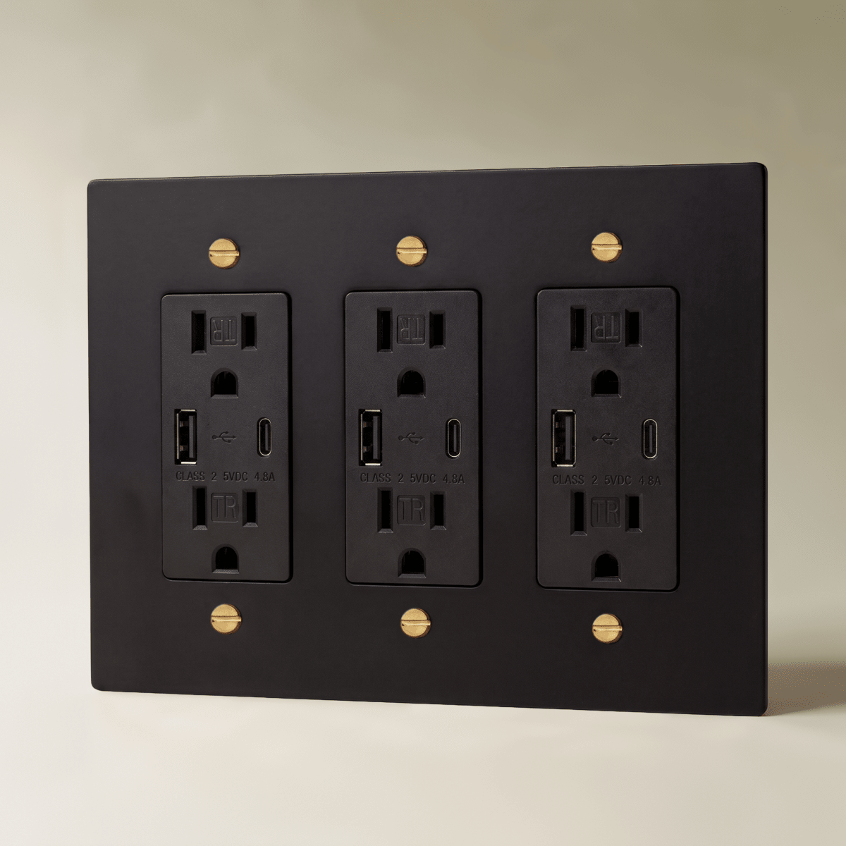 The Brass Outlet (1 to 4 Gang) — Night Black with Brass, 3 Gang, USB-C | CARRA HOME