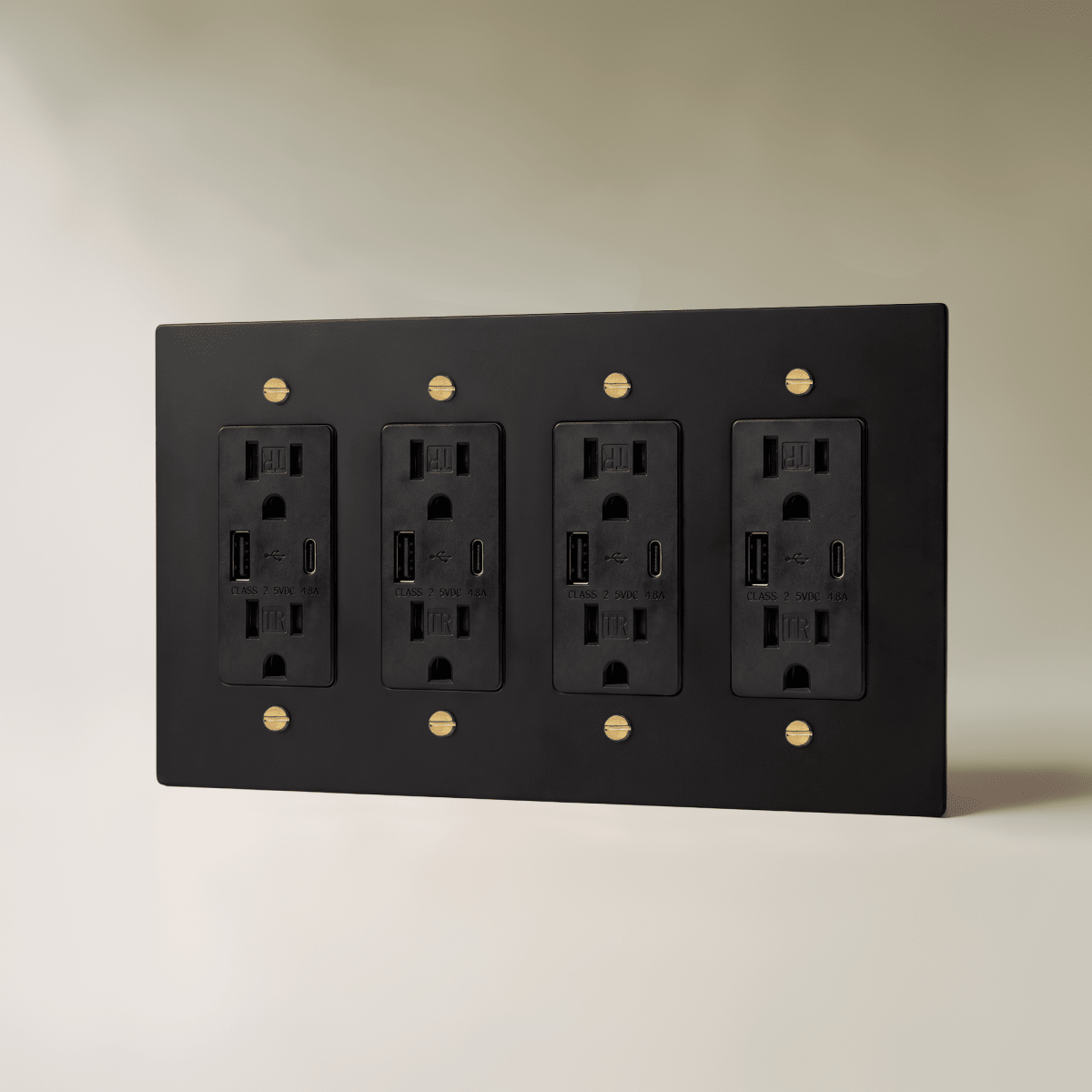 The Brass Outlet (1 to 4 Gang) — Night Black with Brass, 4 Gang, USB-C | CARRA HOME