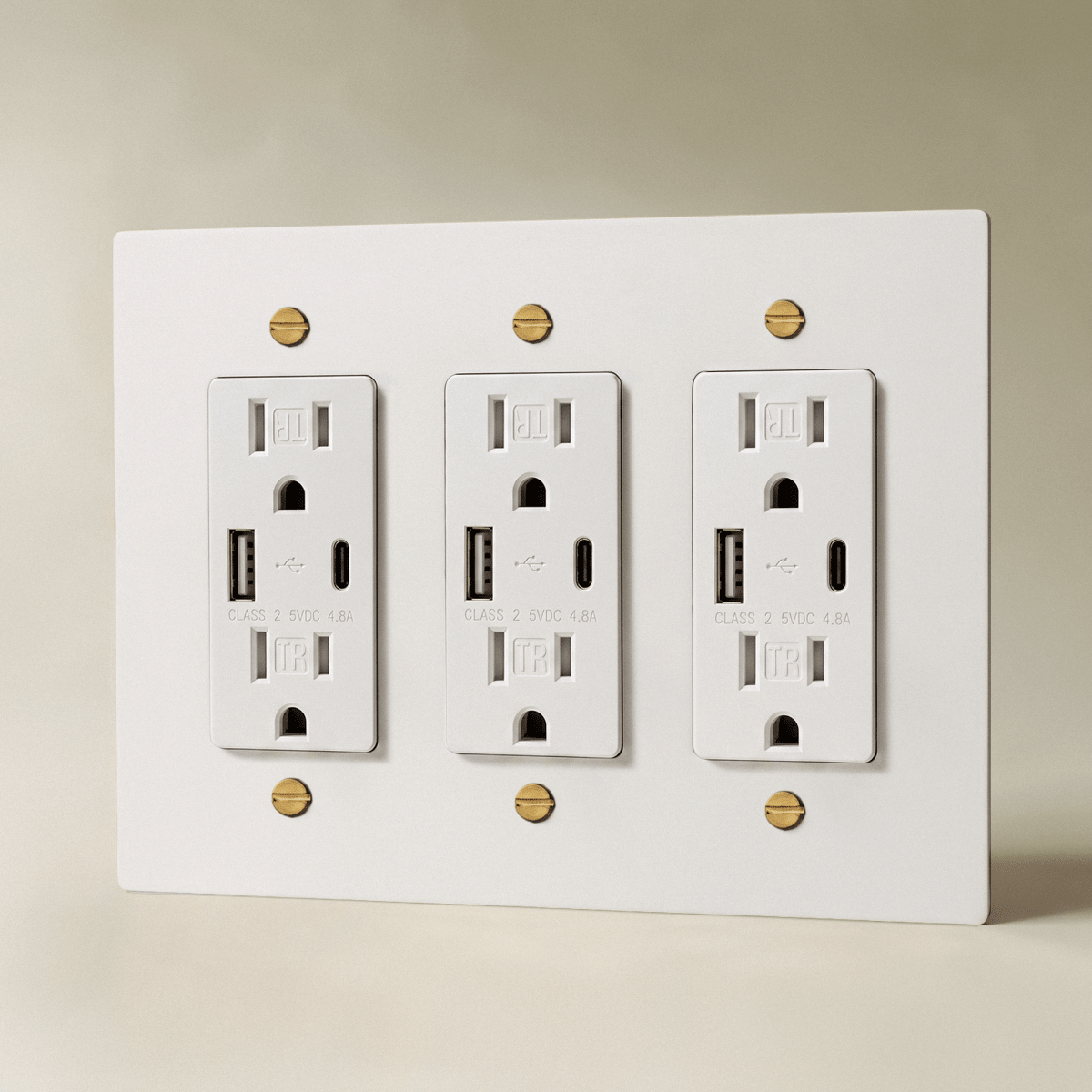 The Brass Outlet (1 to 4 Gang) — White with Brass, 3 Gang, USB-C | CARRA HOME