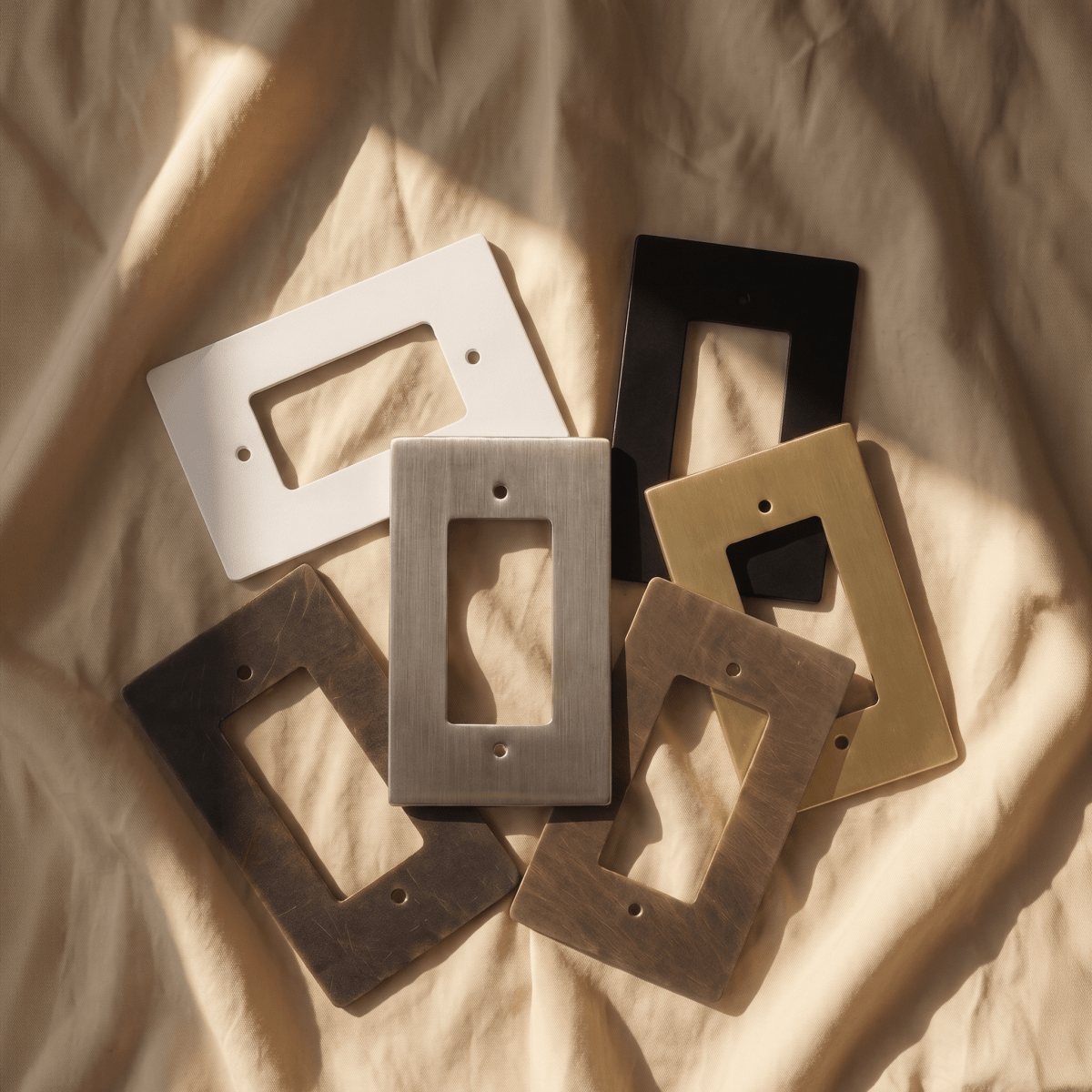 The Brass Plate 6-Piece Sample Kit — wall plate finish samples on fabric | CARRA HOME