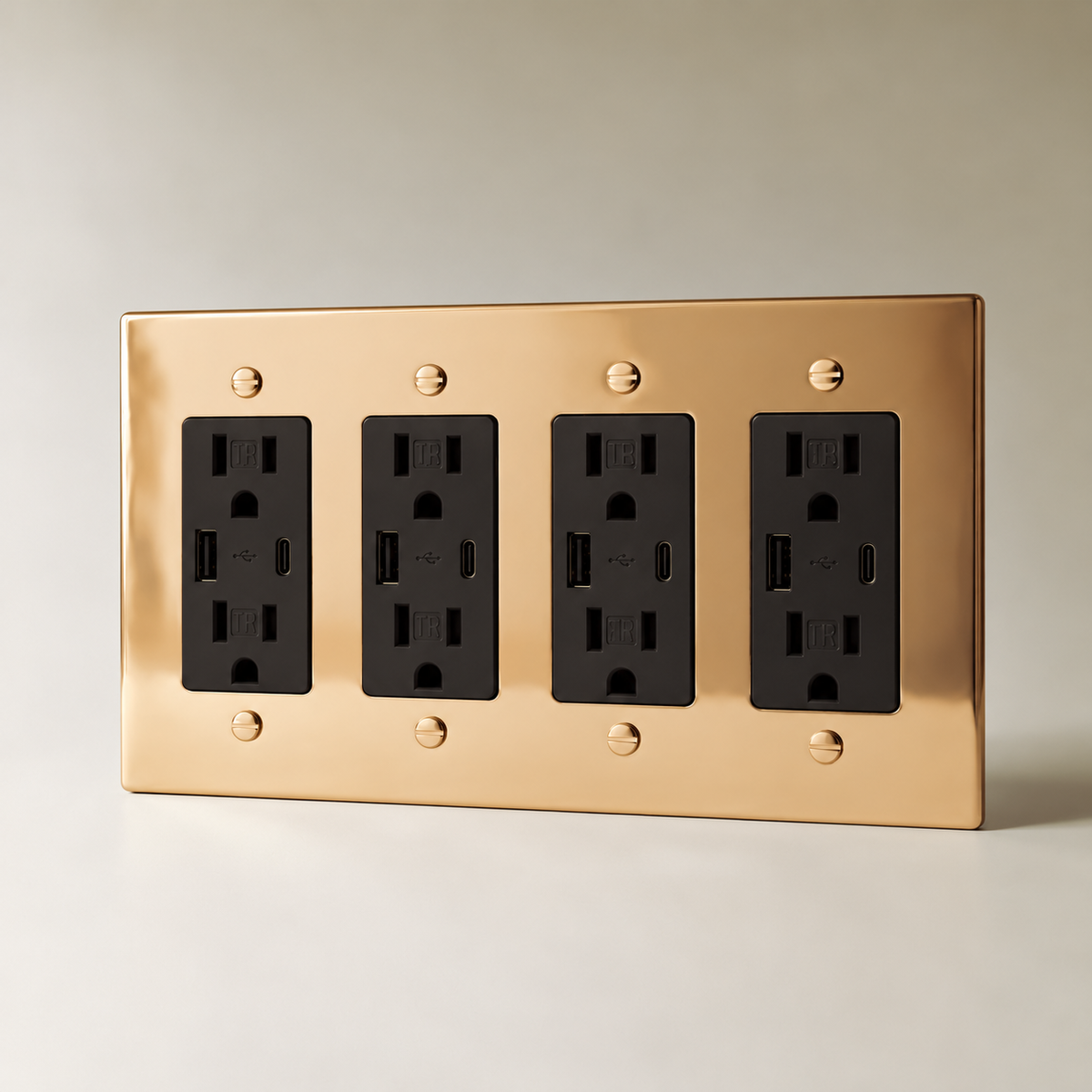 The Polished Brass Outlet — black USB-C outlets, 4 Gang | CARRA HOME