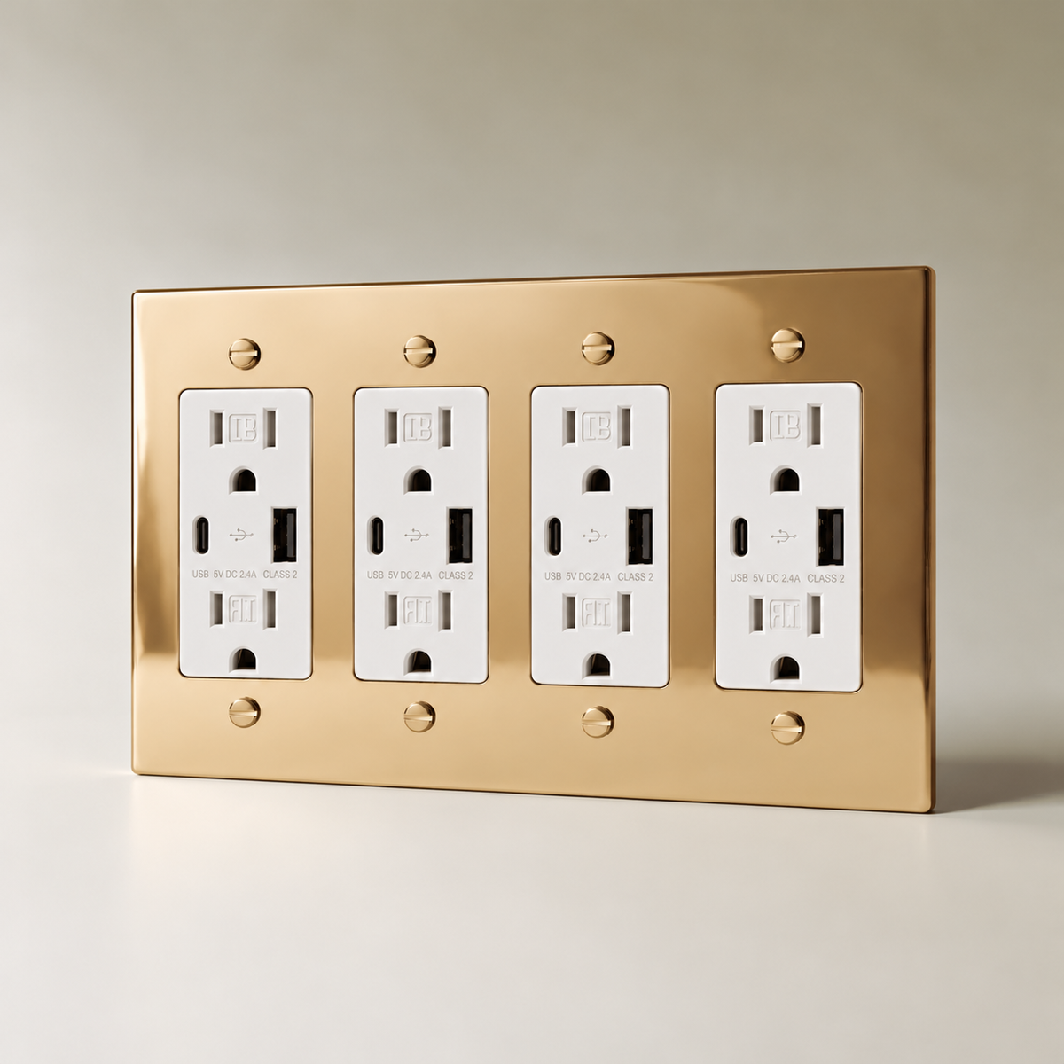The Polished Brass Outlet — white USB-C outlets, 4 Gang | CARRA HOME