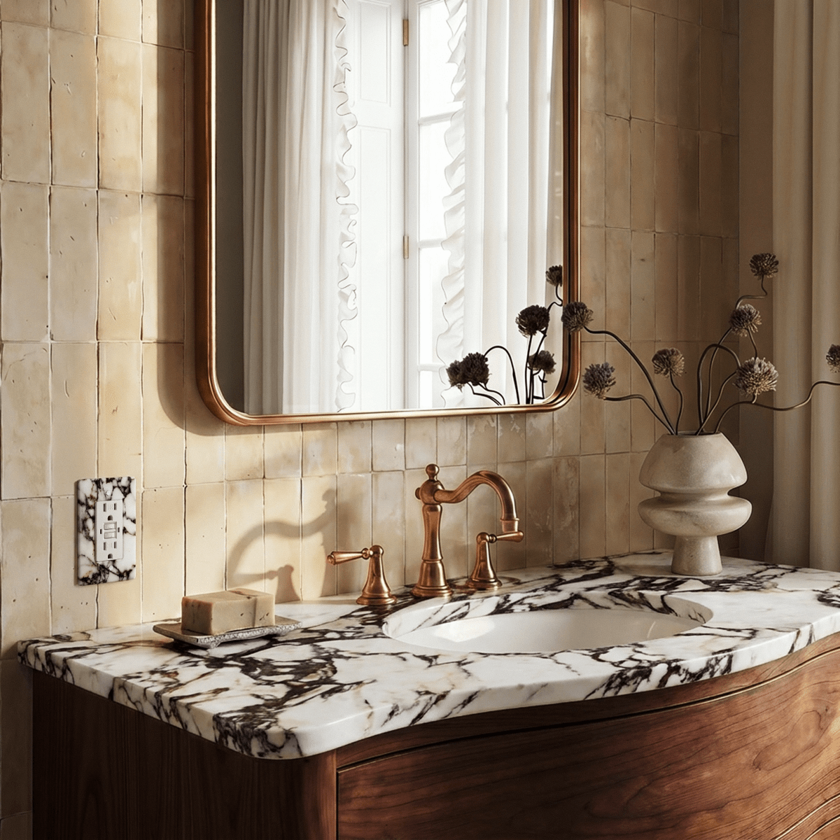The Stone Outlet — Calacatta Viola wall outlet in a bathroom | CARRA HOME