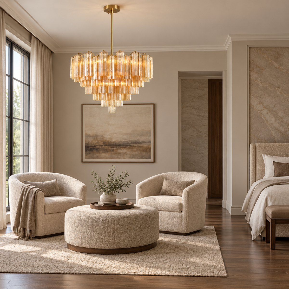 topaz glass tiered round chandelier bedroom sitting area scene