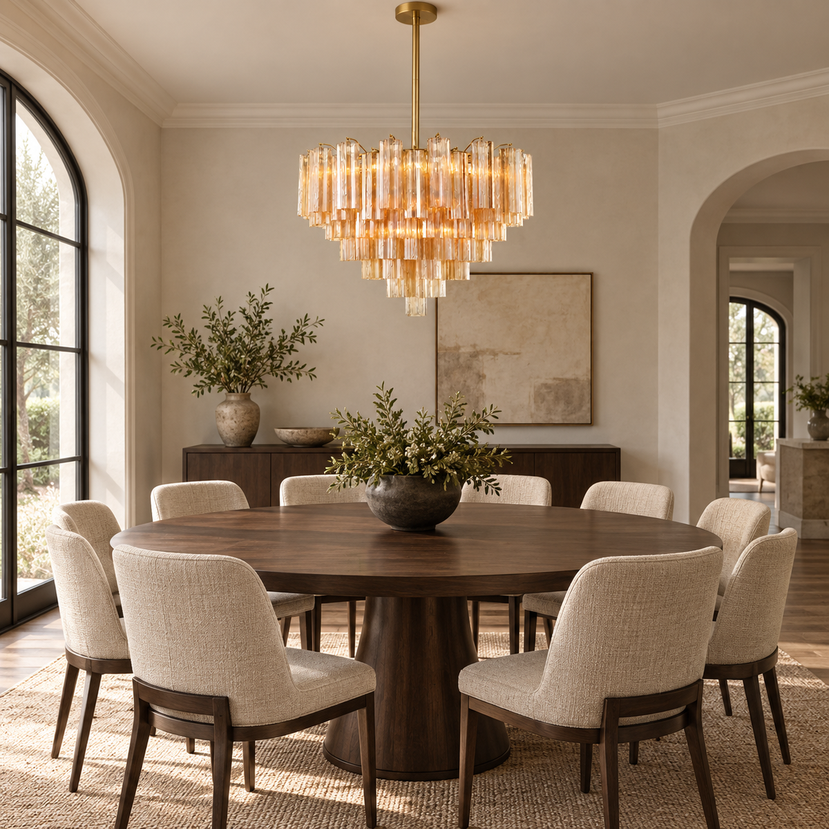 topaz glass tiered round chandelier dining room scene