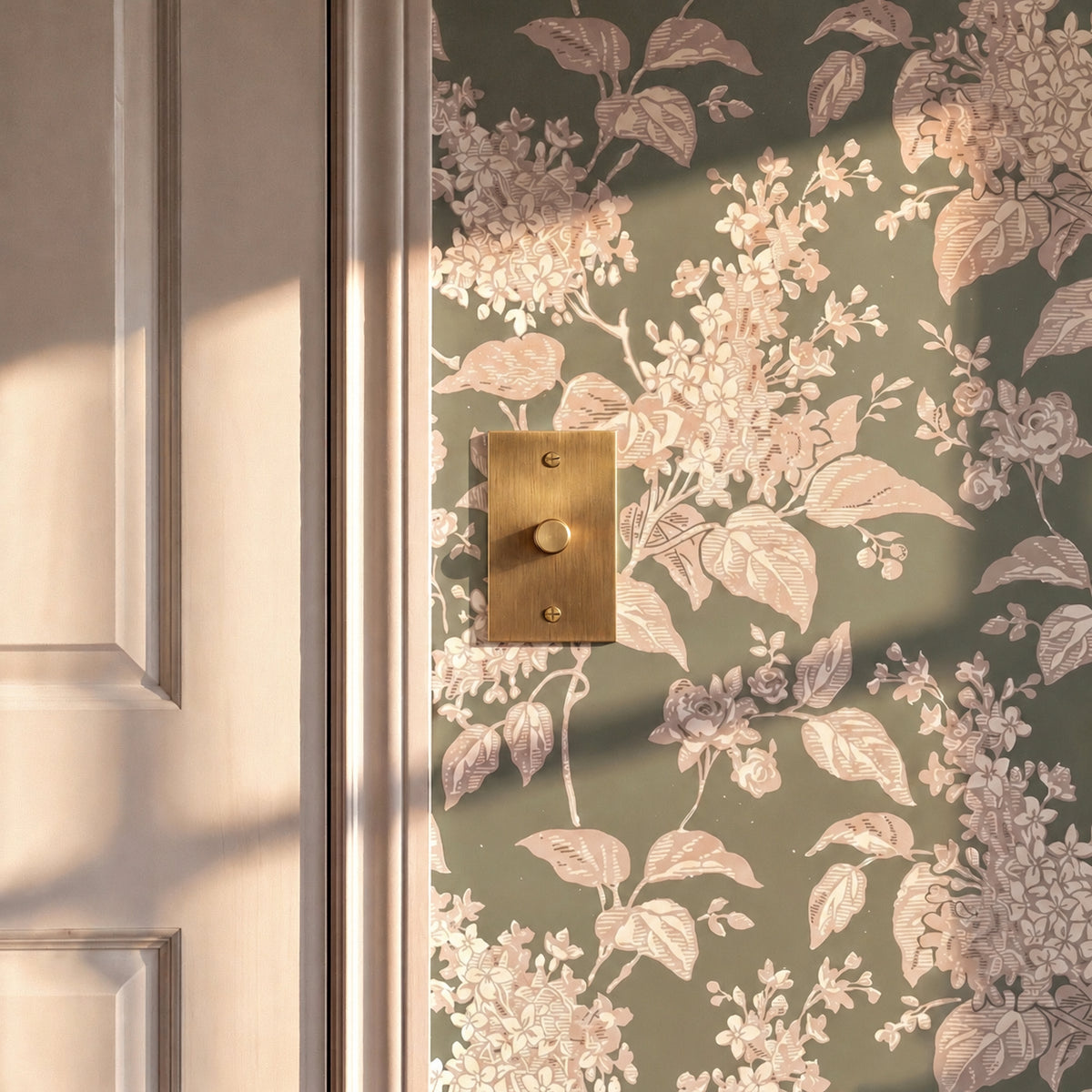 Unlacquered Brass Dimmer Switch installed in an interior, view 6 — seamless faceplate | CARRA HOME