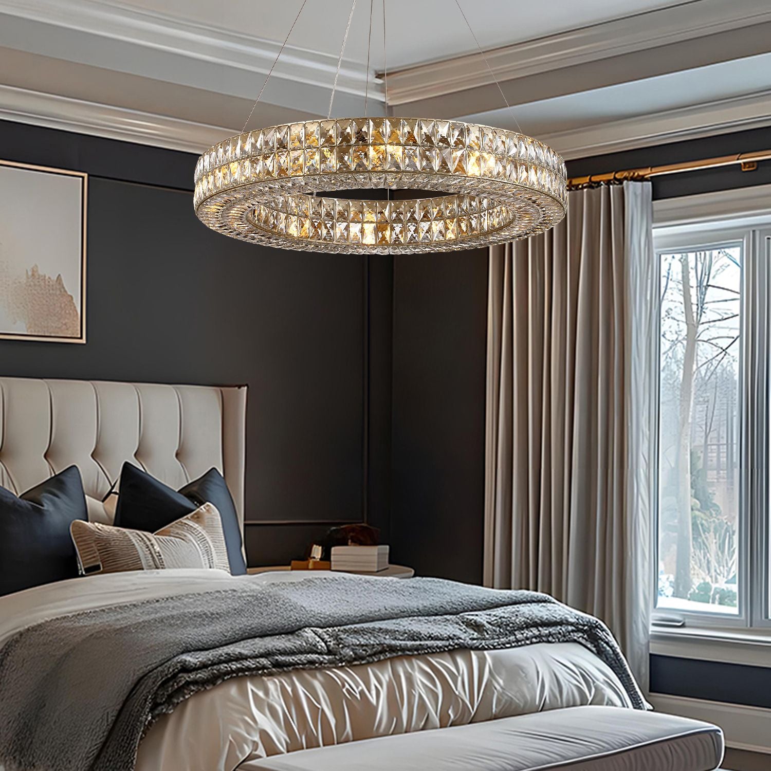 Valdore Chandelier in a serene bedroom — beige headboard, layered bedding, soft golden light | Carra Home