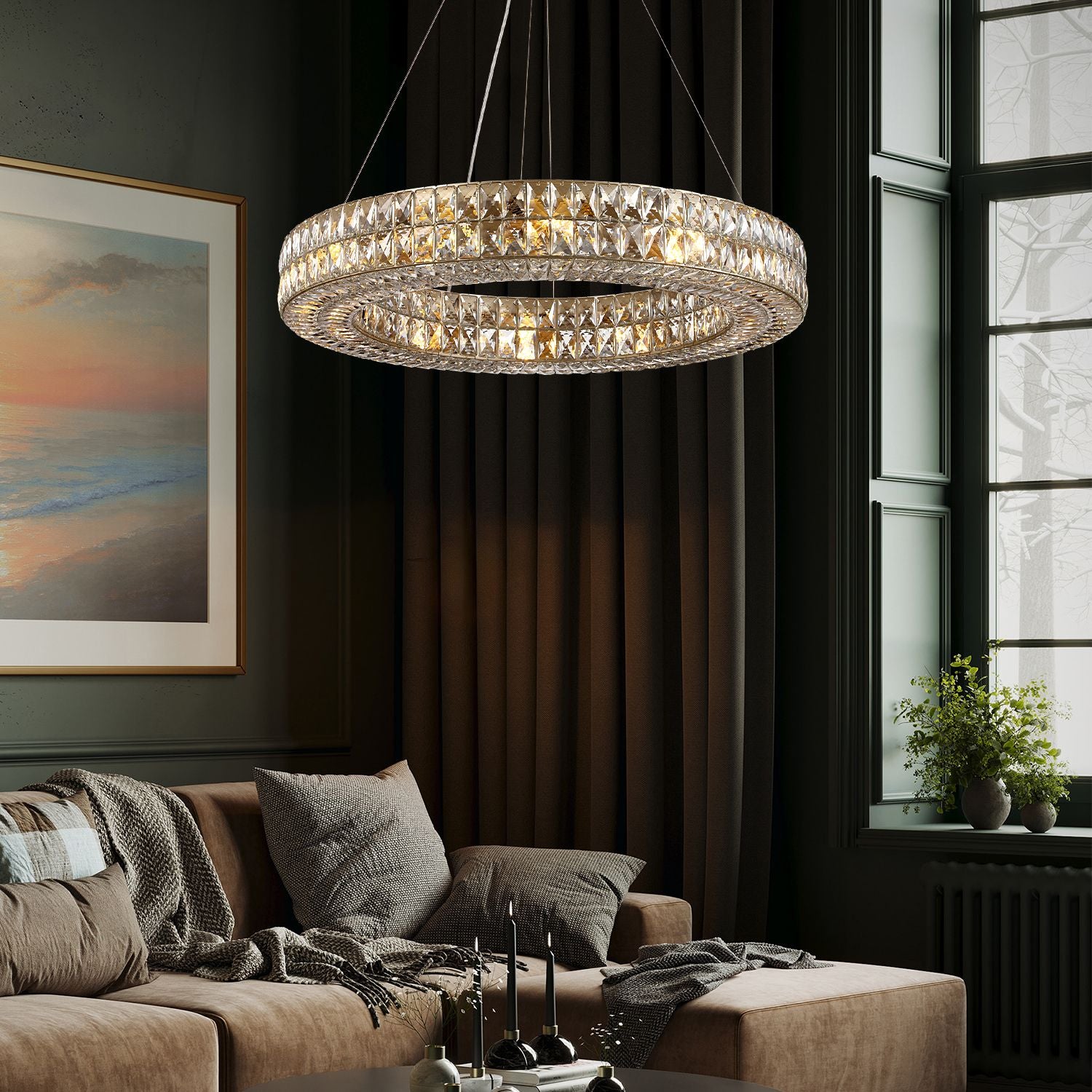 Valdore Chandelier in a sophisticated living room — dark paneled walls, beige sofa, warm ambient glow | Carra Home
