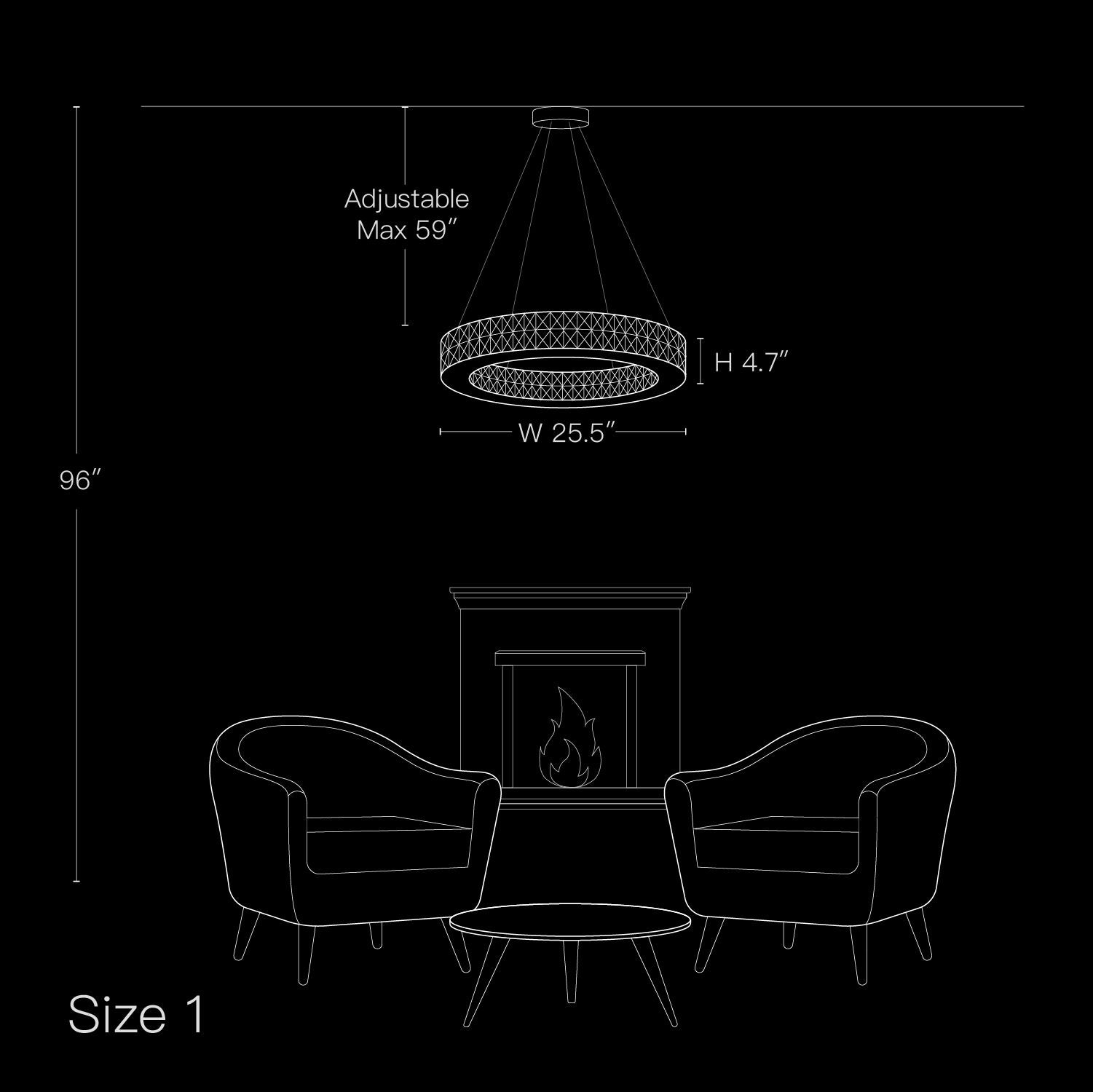 Valdore Chandelier dimensions — W 25.5", H 4.7" (adjustable to 59"), ideal for living/dining rooms | Carra Home