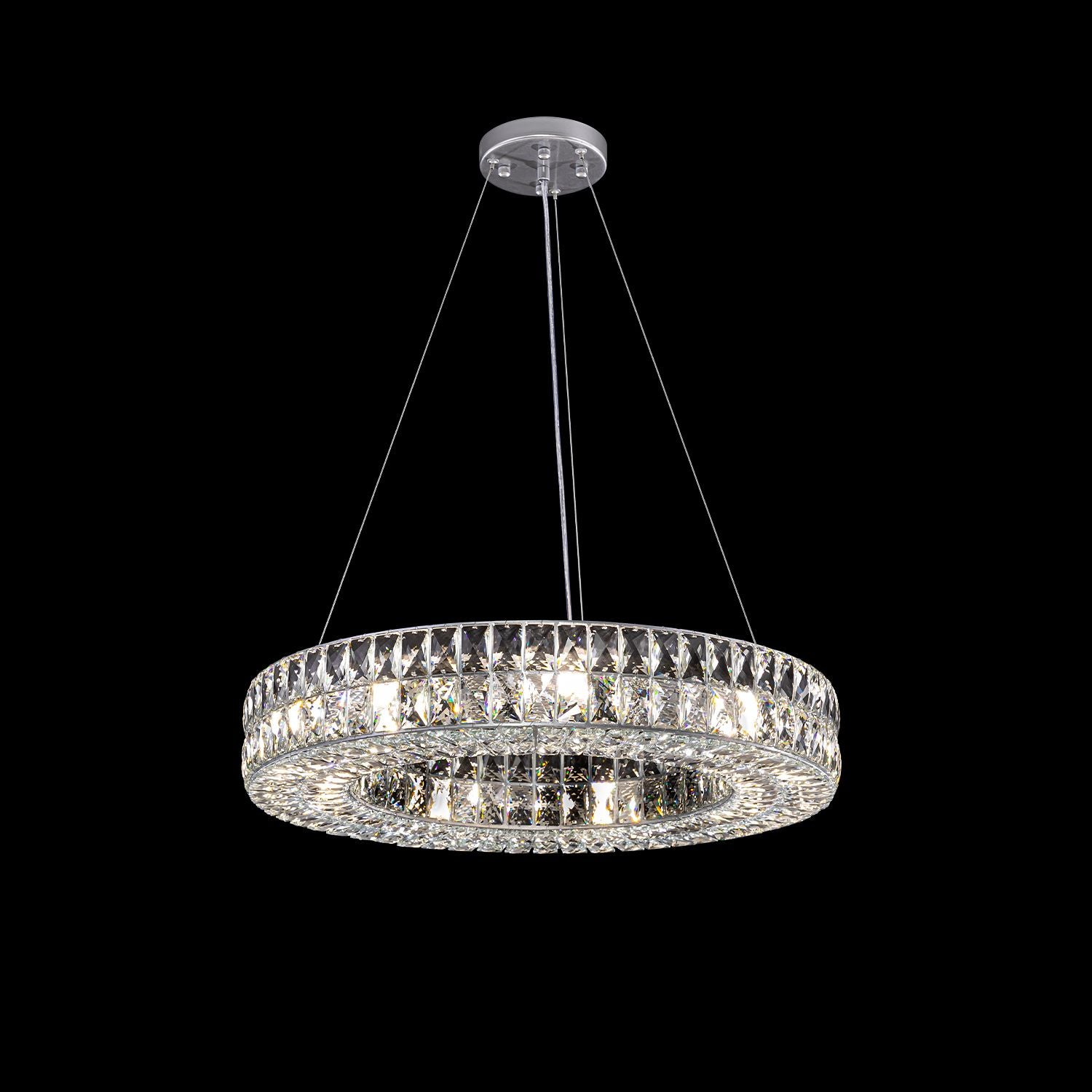 Valdore Double Ring Chandelier in silver finish — modern living room with dark paneled walls, beige sofa, and elegant crystal radiance in a contemporary setting | Carra Home