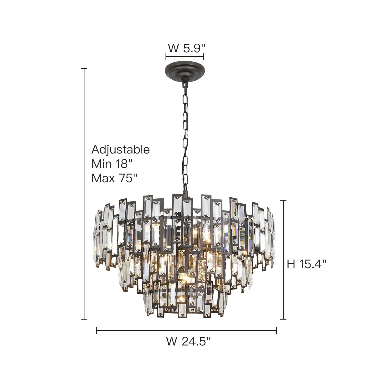 Vera Crystal Prism Tiered Chandelier (Size 1) — dimensions: Width 24.5", Adjustable Height (Min 18" / Max 75"), black frame, tiered crystal design | Carra Home