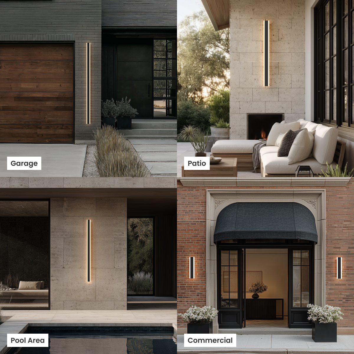 Veyra LED wall lights installed on garage, patio, pool and storefront walls