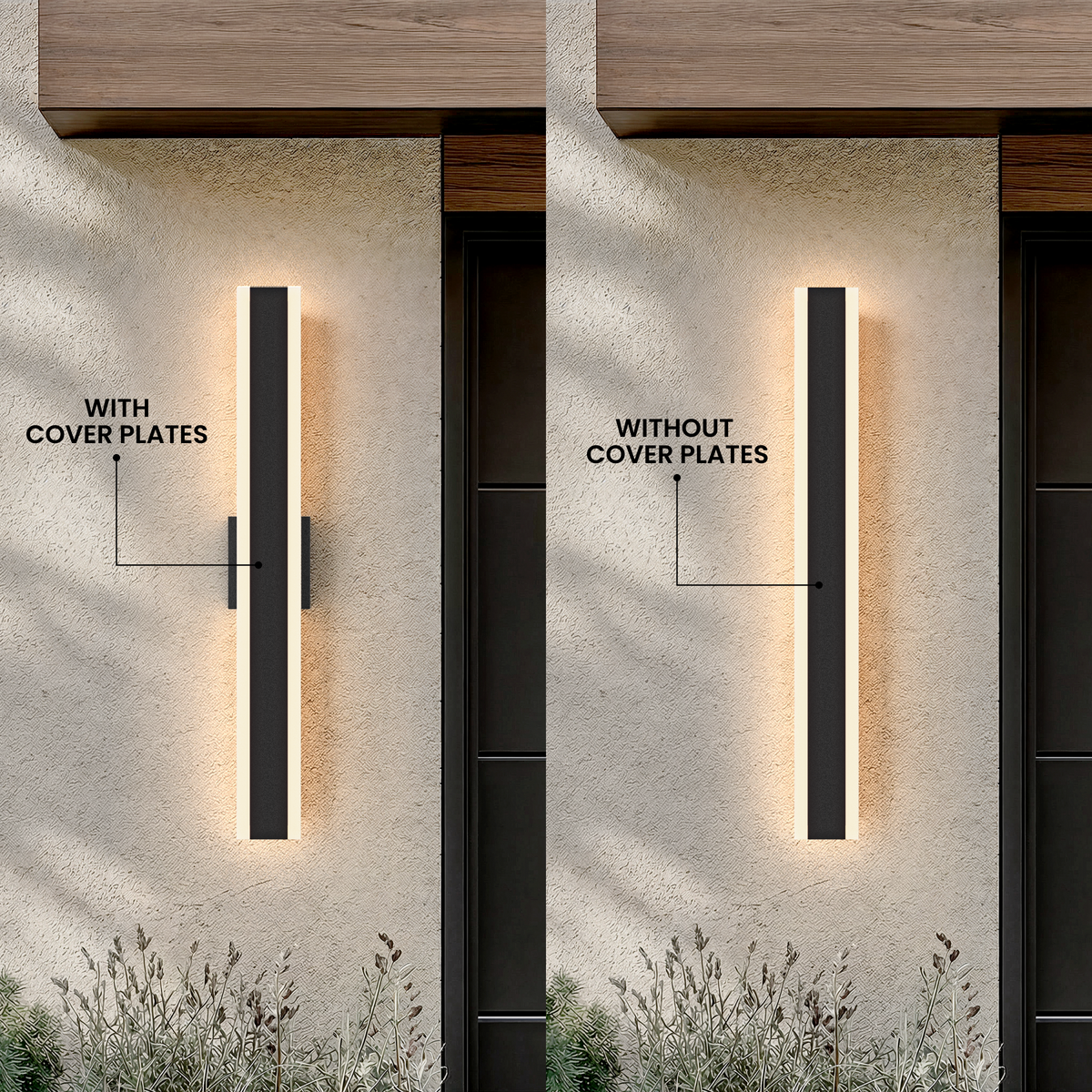 Veyra outdoor wall light shown with and without the optional cover plate