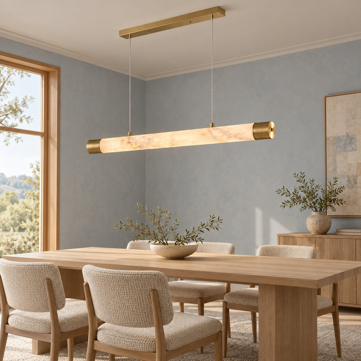 Virel Alabaster Linear Chandelier — Alabaster tube chandelier above a dining table in a soft blue room | CARRA HOME