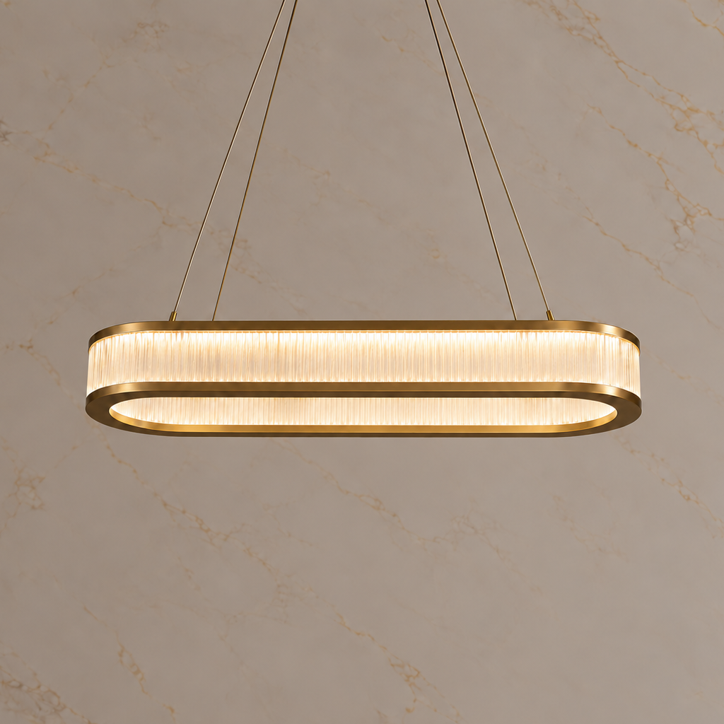 Vivara glass oval ring chandelier, champagne gold, 120 cm, light on | CARRA HOME