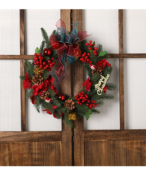Red Berry & Pine Wreath with Ribbon Outdoor