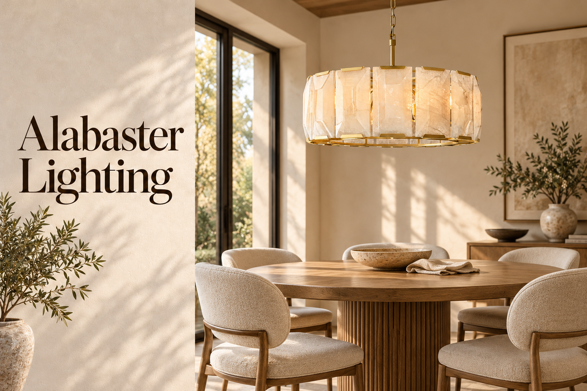 Celestique alabaster drum chandelier above a round dining table with Alabaster Lighting title; AI-styled illustration | CARRA HOME