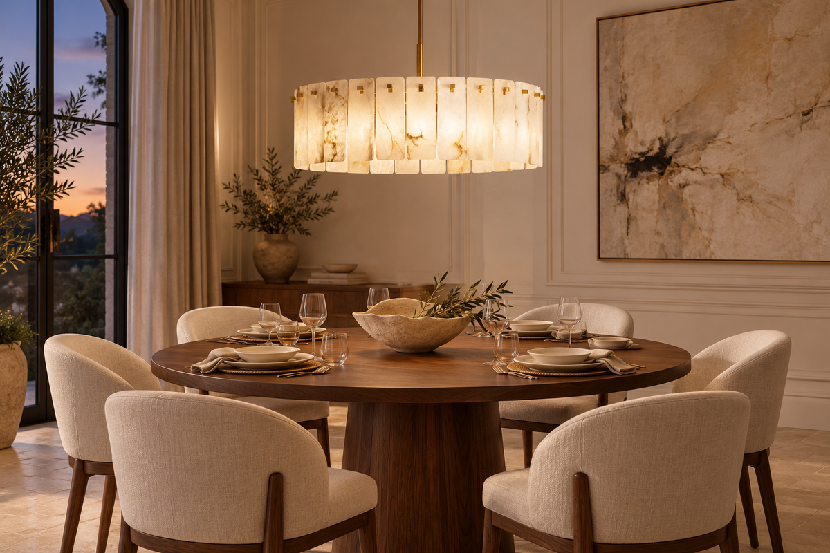 Lunareth alabaster drum chandelier above a round walnut dining table at dusk.