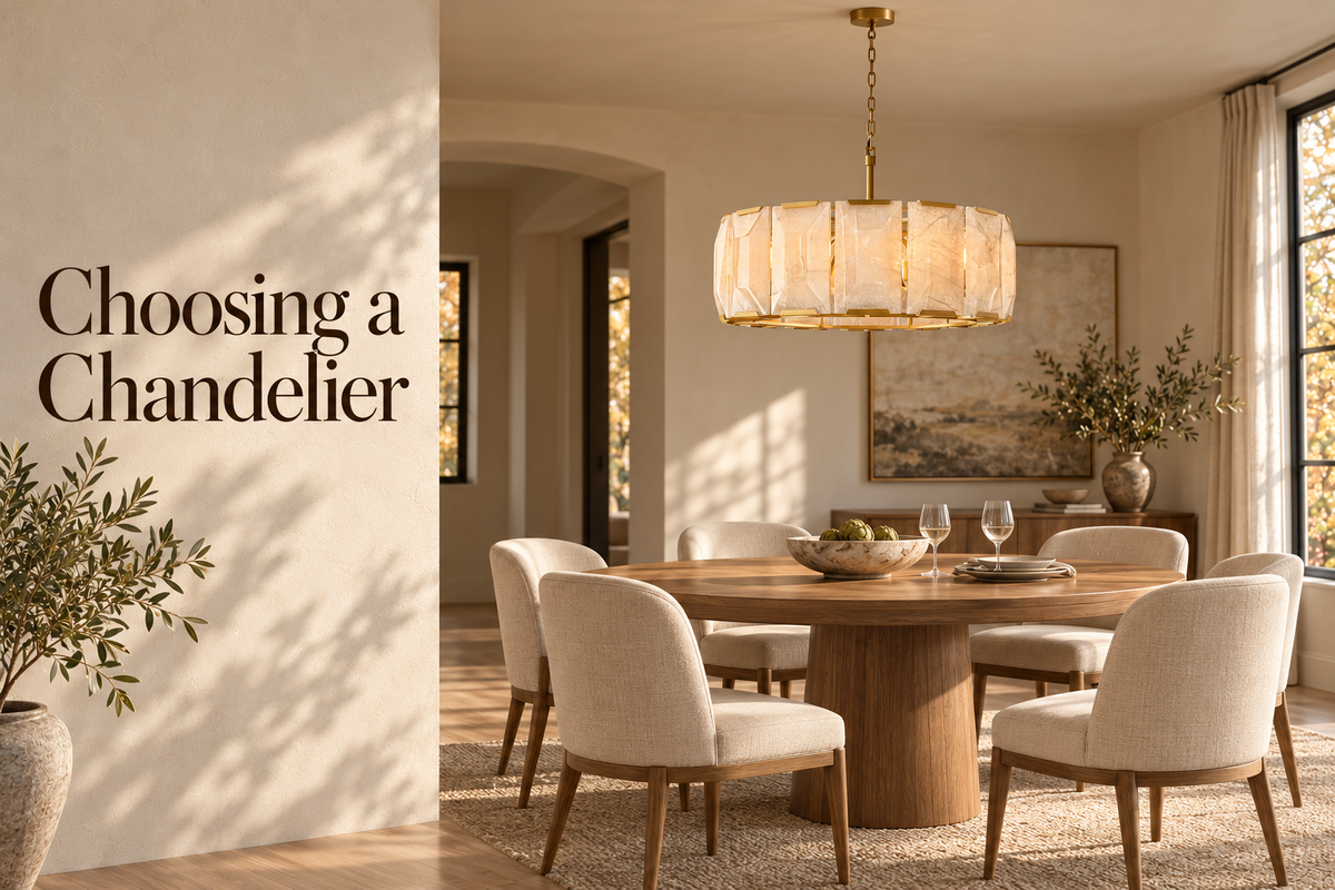 Celestique alabaster drum above a round dining table, with Choosing a Chandelier cover title | CARRA HOME