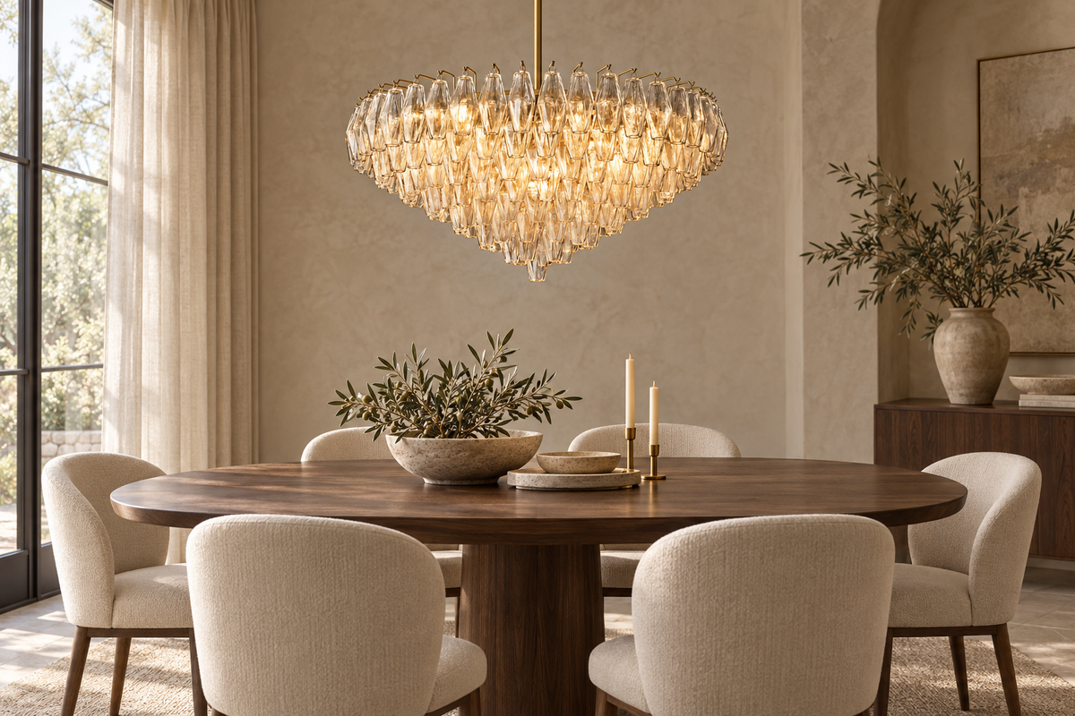 Chiara clear glass chandelier above an oval walnut dining table.
