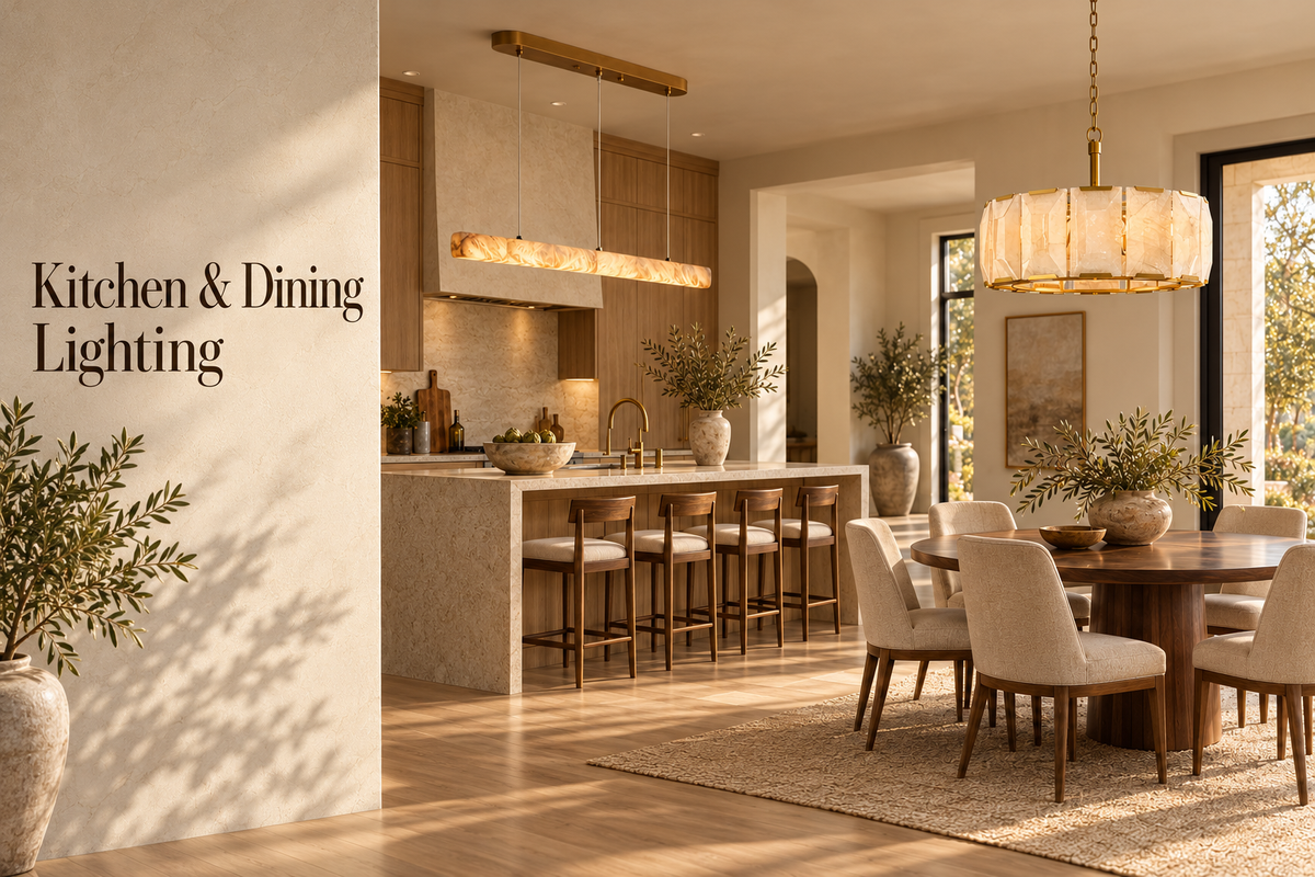 Coordinated Halima and Celestique lighting in an open-plan kitchen and dining room | CARRA HOME