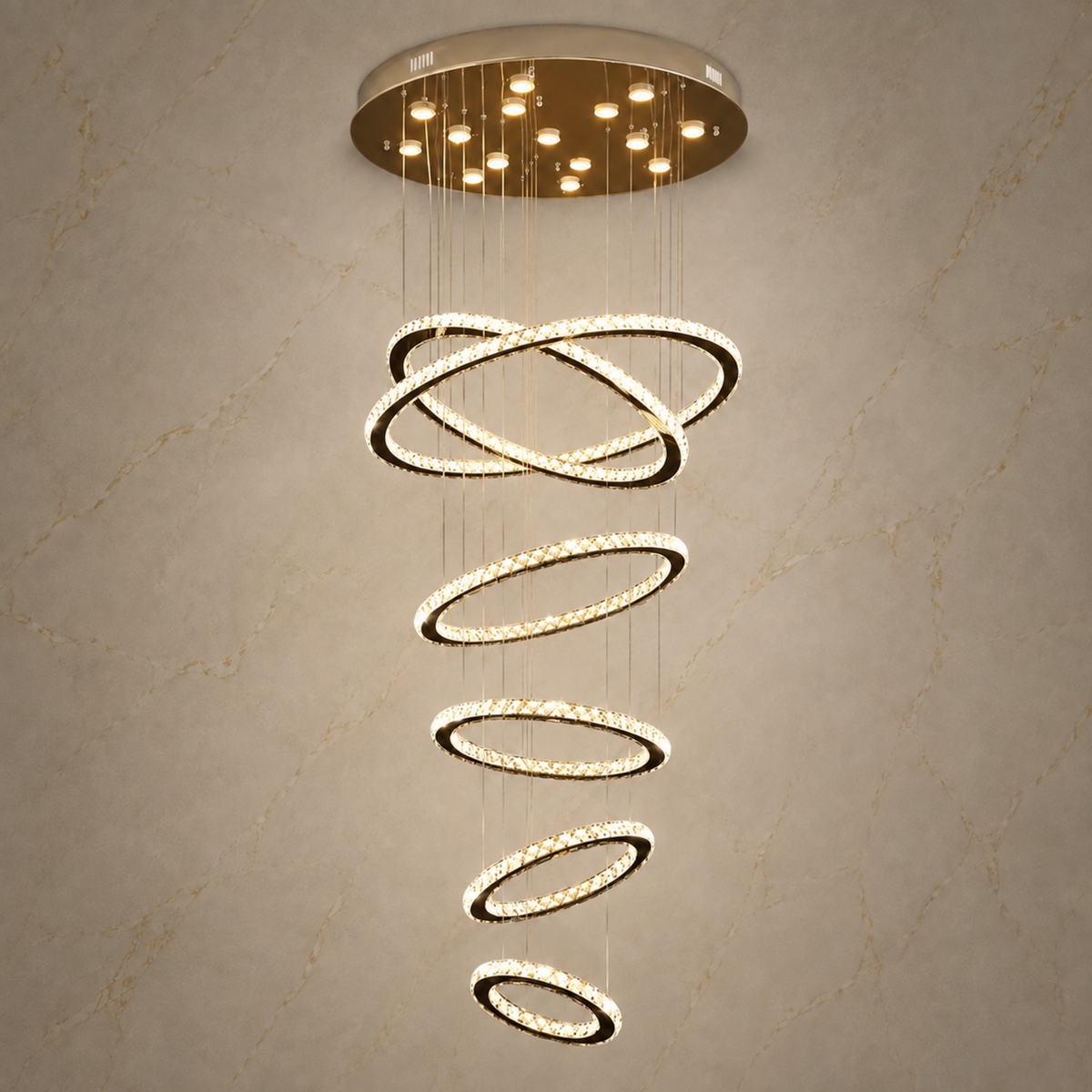 modern chrome crystal six ring staircase chandelier light on