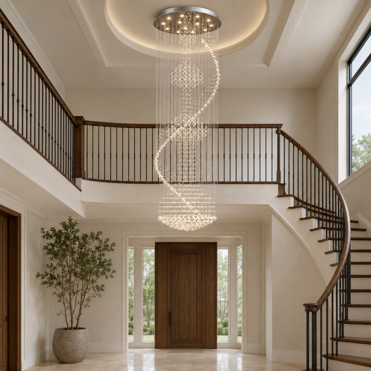 modern chrome crystal spiral staircase chandelier high ceiling foyer