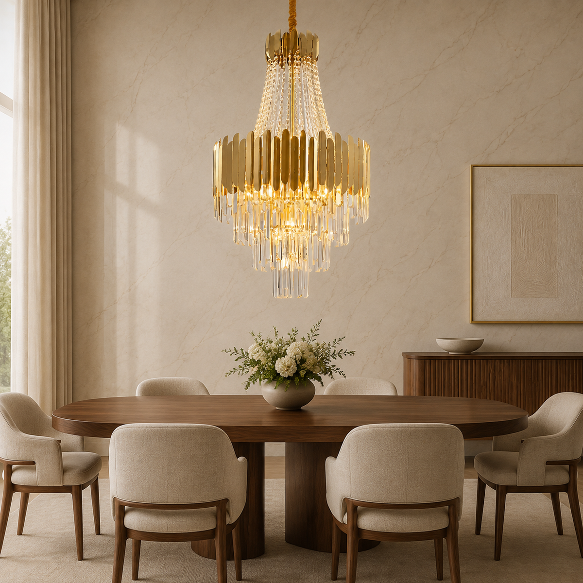 modern gold crystal tiered round chandelier dining room