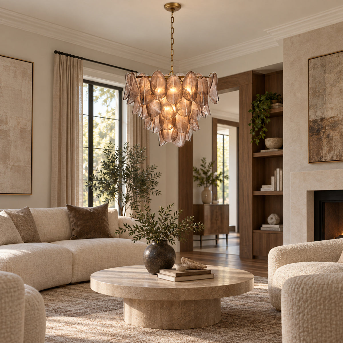 Magnolia taupe glass petal chandelier in a warm modern living room | CARRA HOME