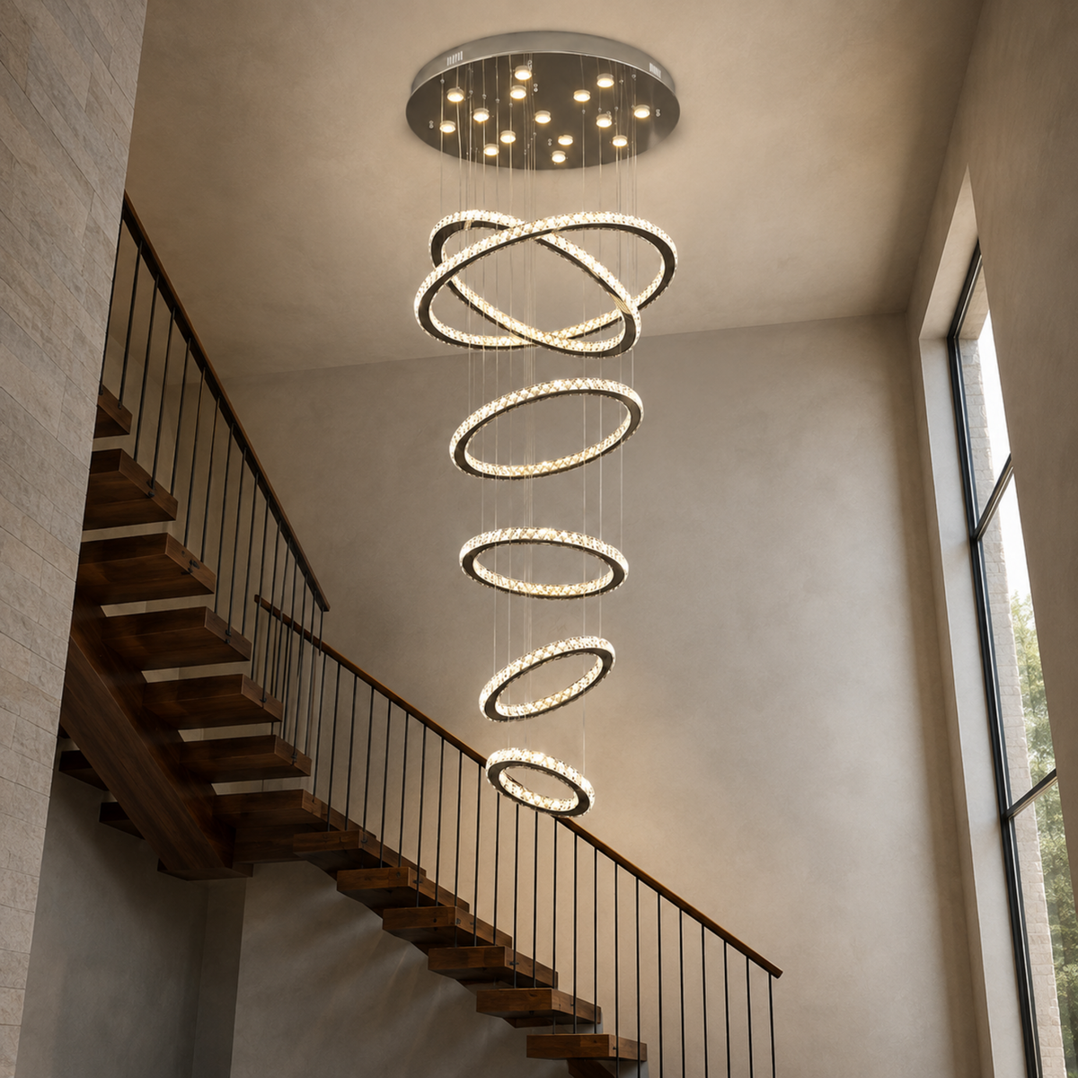 modern chrome crystal six ring staircase chandelier staircase