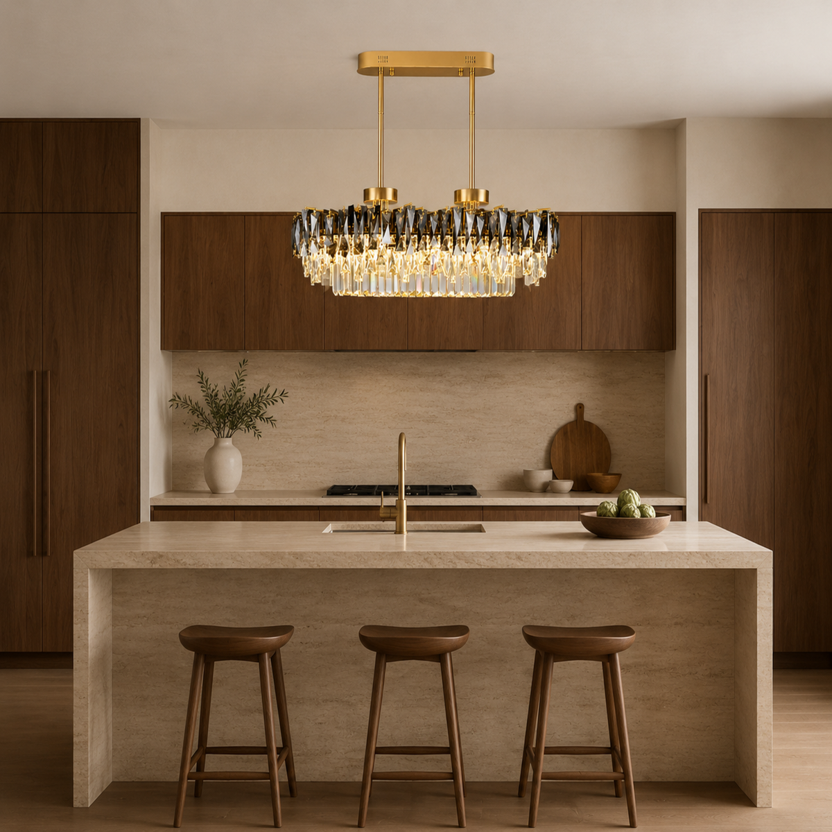 contemporary gold smoky crystal rectangular chandelier kitchen island