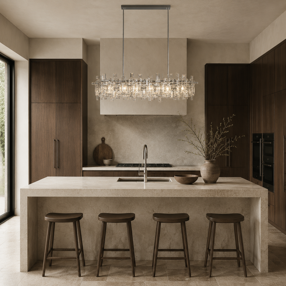 modern chrome crystal linear chandelier kitchen island