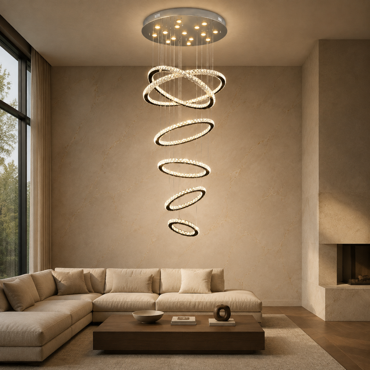 modern chrome crystal six ring staircase chandelier living room