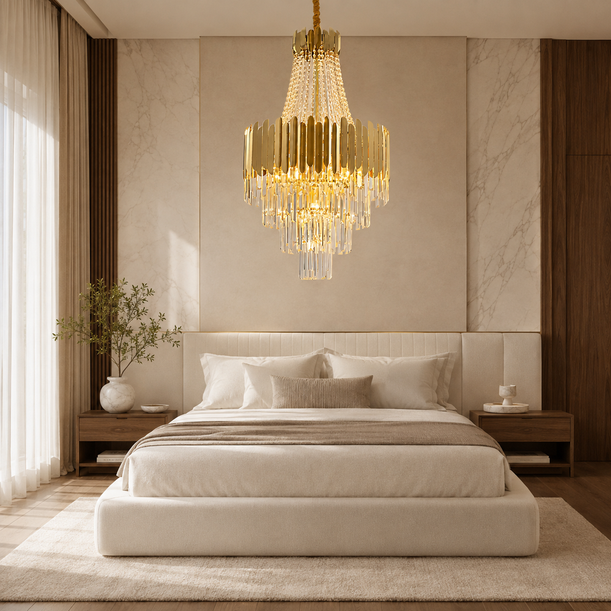 modern gold crystal tiered round chandelier bedroom