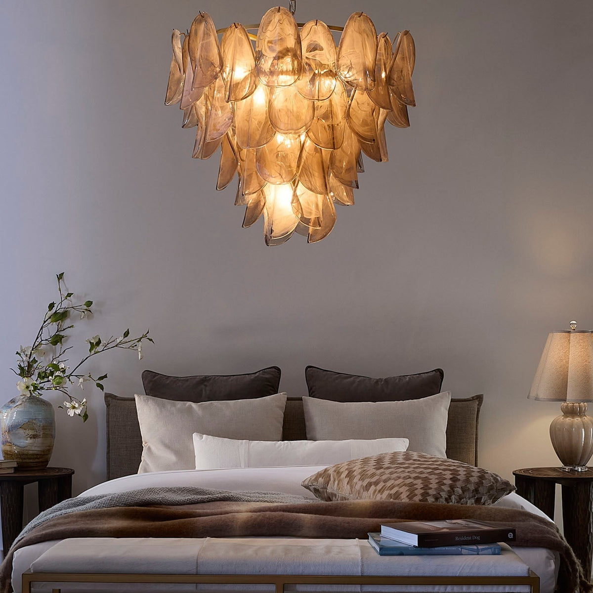 Magnolia taupe glass petal chandelier in a refined bedroom | CARRA HOME