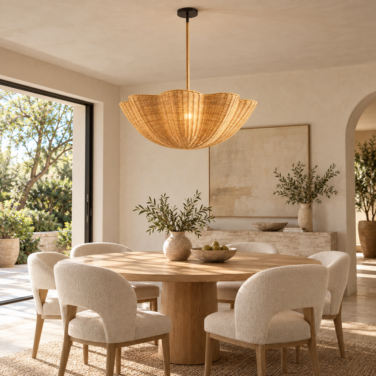 Calira natural rattan scalloped chandelier, dining room scene | CARRA HOME
